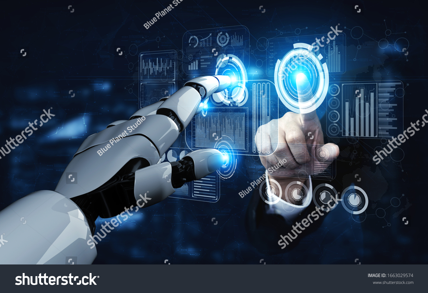 3D rendering artificial intelligence AI research of robot and cyborg development for future of people living. Digital data mining and machine learning technology design for computer brain. #1663029574