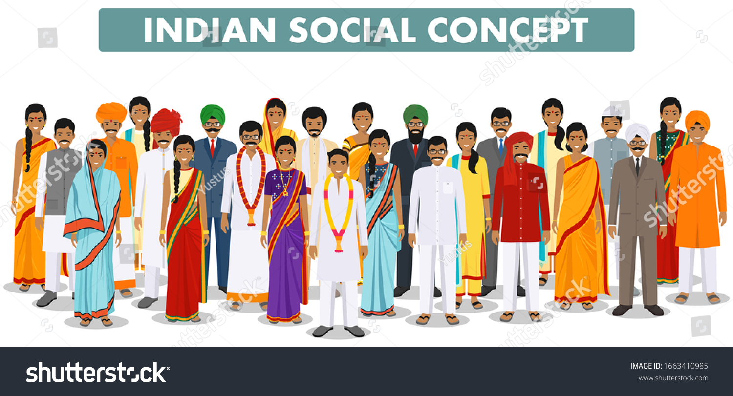 Family and social concept. Group indian people standing together in different traditional clothes on white background in flat style. Vector illustration. #1663410985