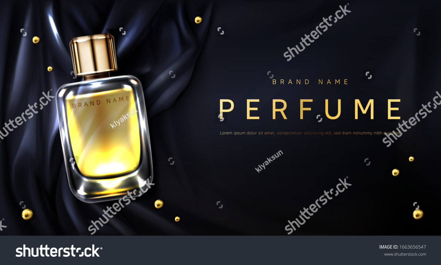 Perfume bottle on black silk folded fabric background. Glass flask with gold liquid and scattered pearls. Scent fragrance package design mockup, beauty cosmetic banner Realistic 3d vector illustration #1663656547