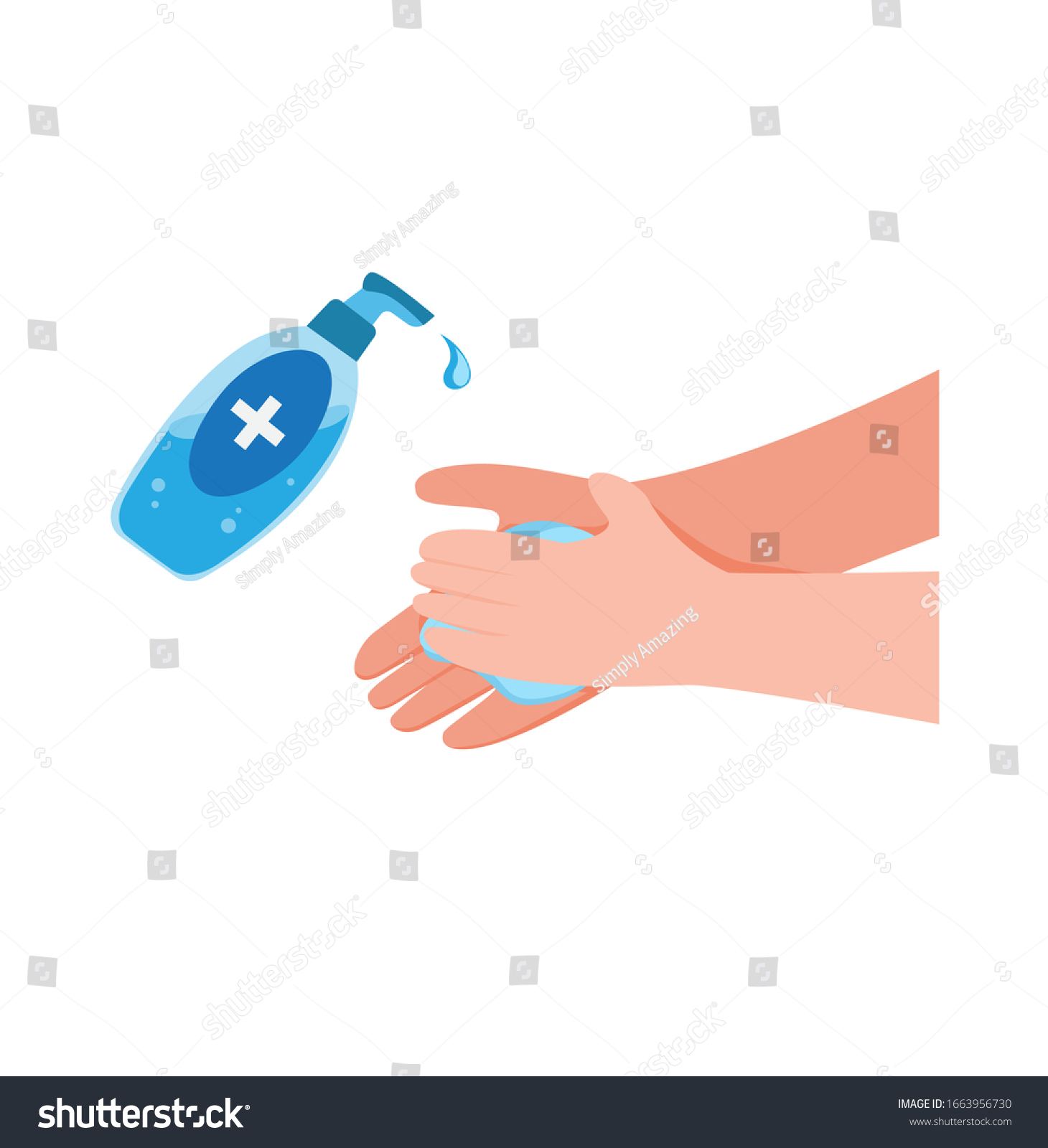 washing hand with Antibacterial hand sanitizer, disinfection gel symbol in cartoon flat illustration vector isolated in white background #1663956730