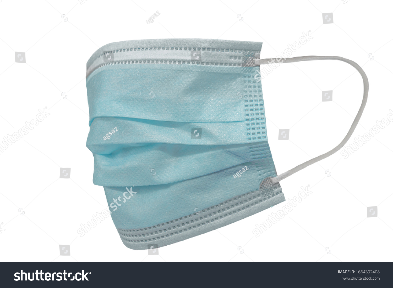 Surgical mask with rubber ear straps. Typical 3-ply surgical mask to cover the mouth and nose. Procedure mask from bacteria. Protection concept. #1664392408