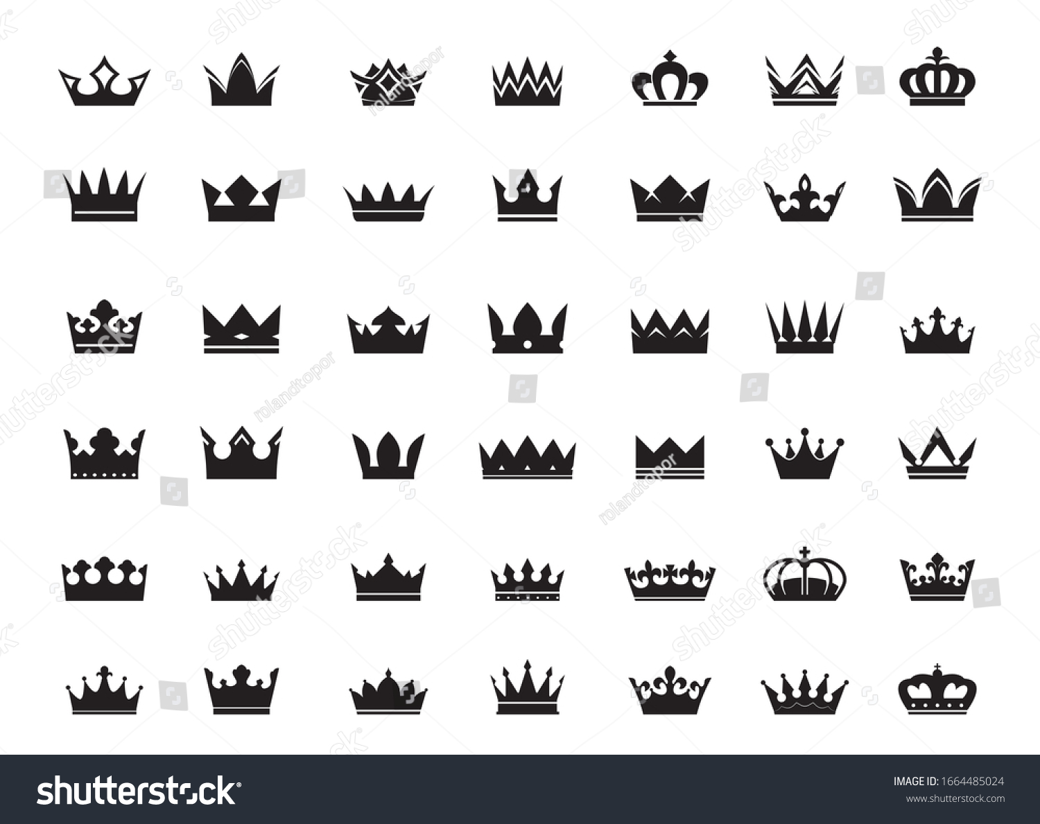 Big Set of vector king crowns icon on white background. Vector Illustration. Emblem and Royal symbols. #1664485024