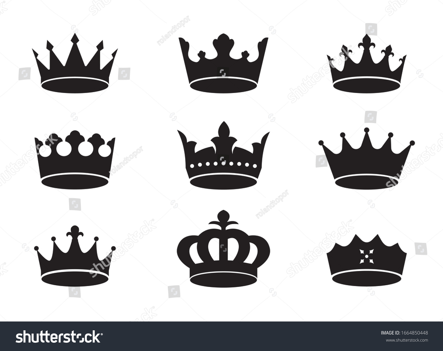 Set of black vector king crowns and icon on white background. Vector Illustration. Emblem and royal symbols. #1664850448