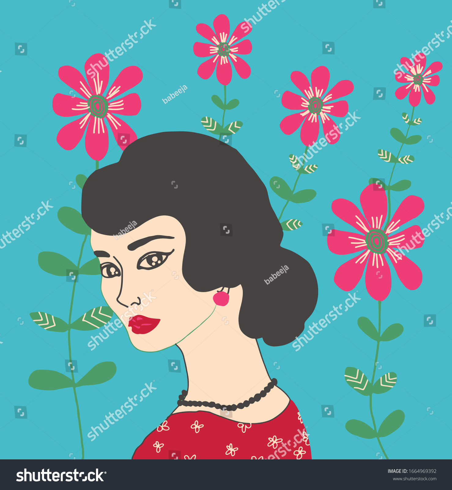 Pattern,young women wearing red shirts with pink flowers on a blue background #1664969392