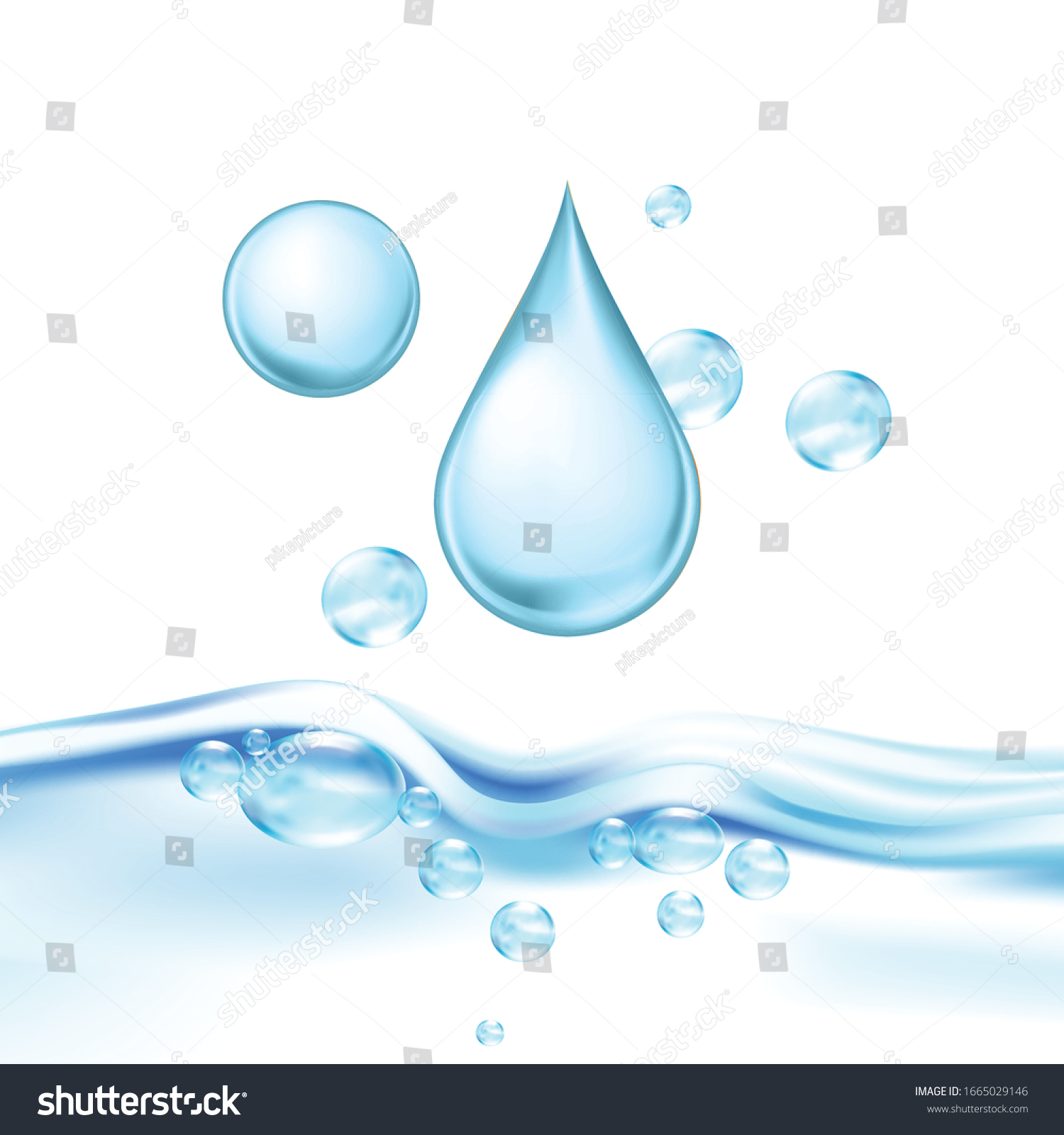 Falling Mineral Water Drop And Air Bubbles Vector. Drinking Crystal Clear Water For Quenching Thirst, Fresh Aqua Wavy Transparent Purity Nature Liquid. Concept Template Realistic 3d Illustration #1665029146