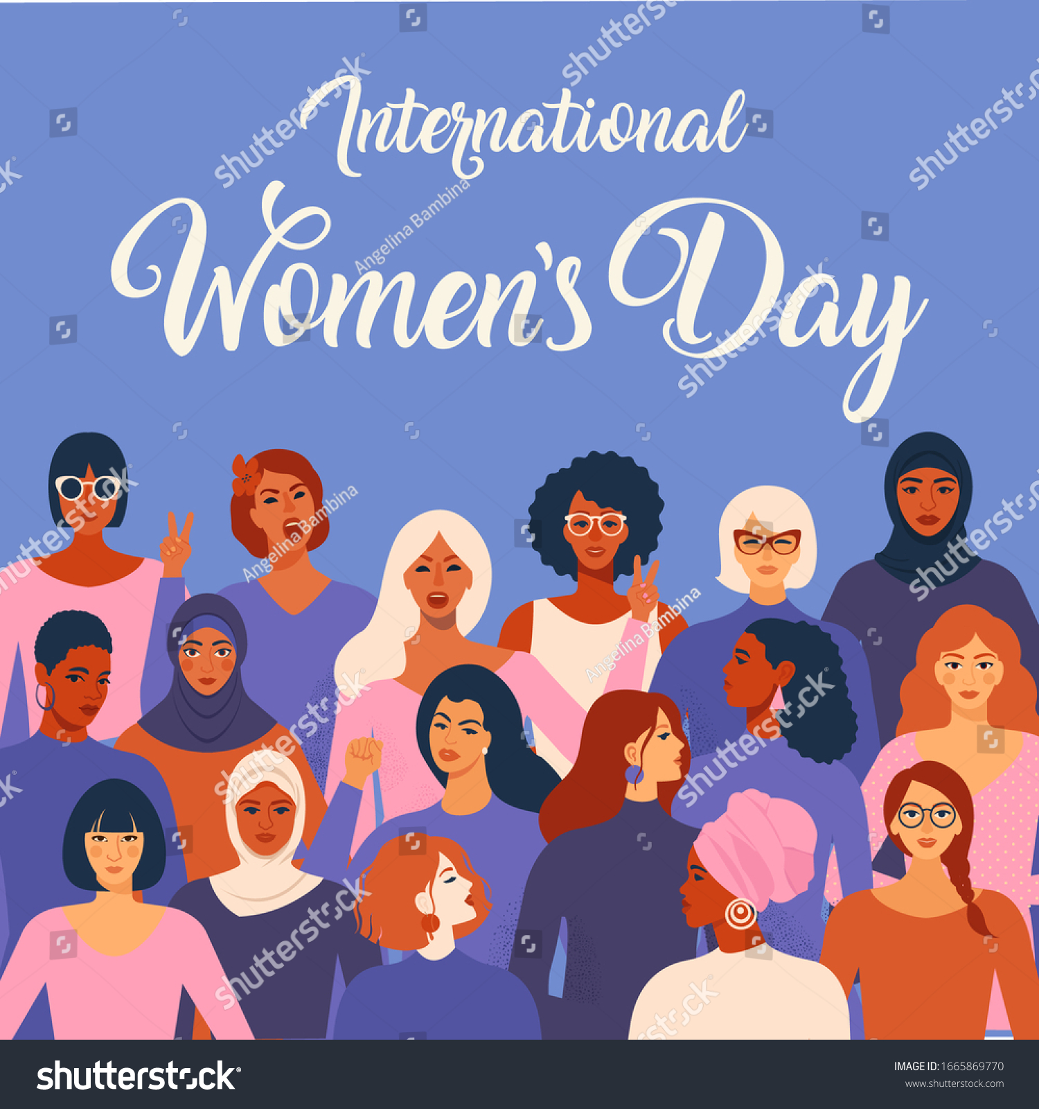 Female diverse faces of different ethnicity poster. Women empowerment movement pattern. International women´s day graphic in vector. #1665869770