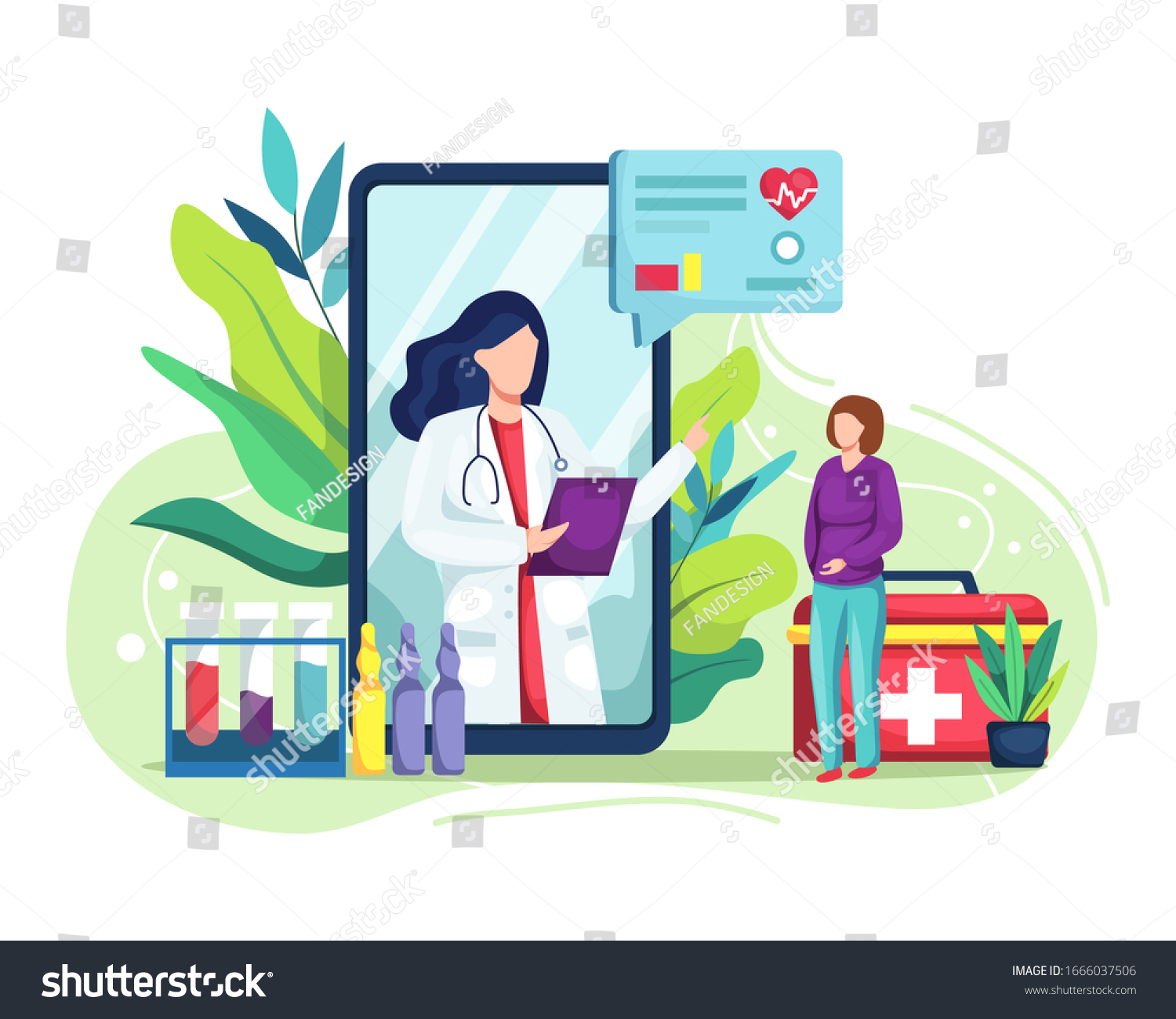 Vector illustration Online medical concept. Medical Consultation by Internet with Doctor. Online Doctor, Telemedicine, Medical Service Online for Patients. Health Care Online. Vector illustration in a #1666037506
