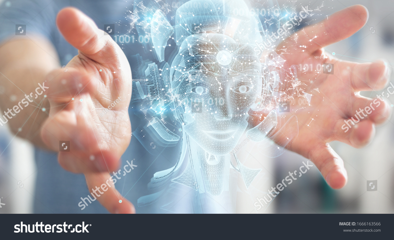 Man on blurred background using digital artificial intelligence holographic projection 3D rendering #1666163566