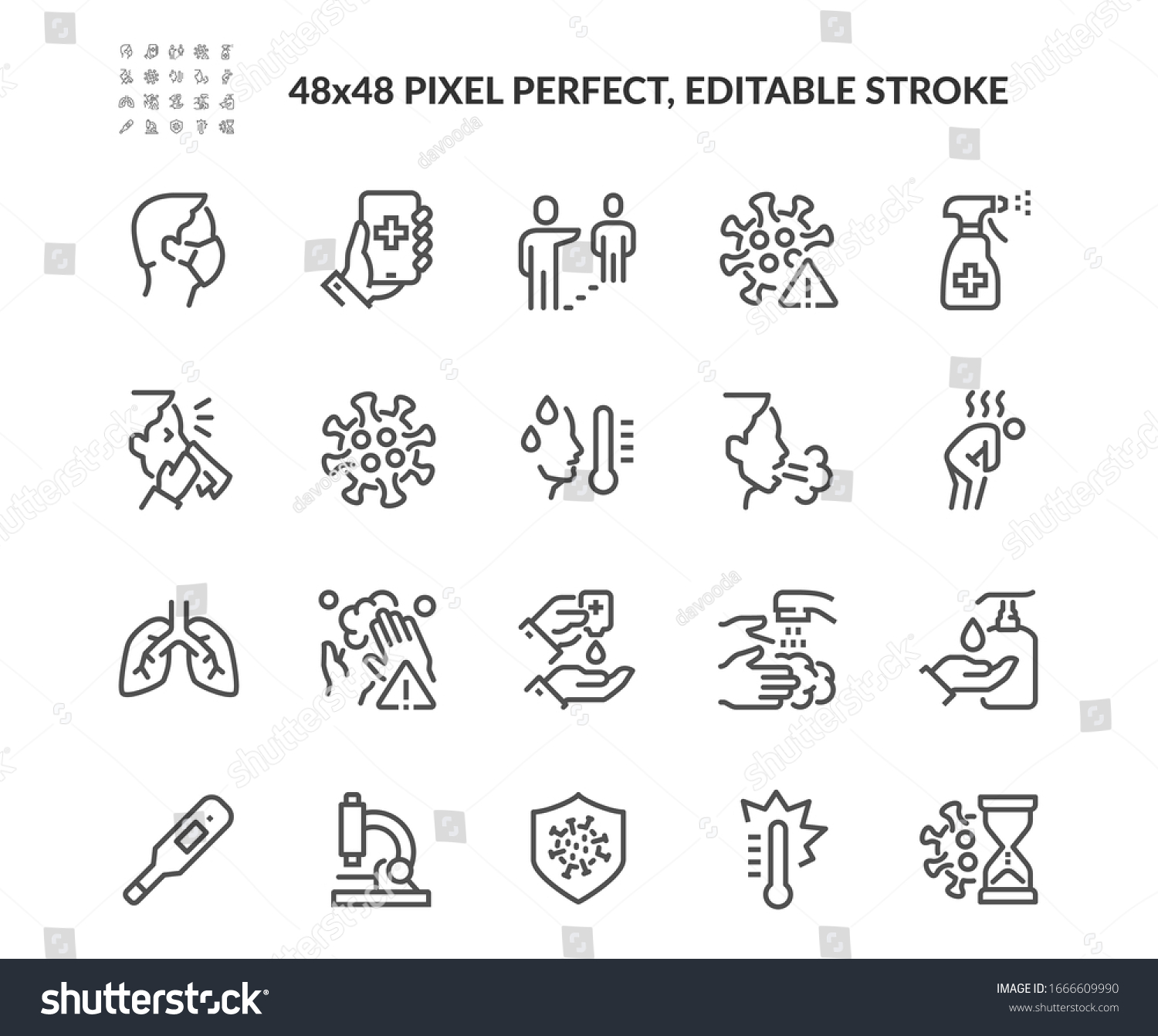 Simple Set of Coronavirus Protection Related Vector Line Icons. 
Contains such Icons as Protective Measures, Coronavirus Symptoms, Incubation Period and more. Editable Stroke. 48x48 Pixel Perfect. #1666609990