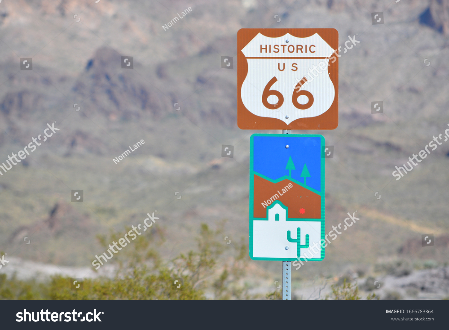 U.S. Route 66 Sign in remote Mohave County, Arizona USA #1666783864