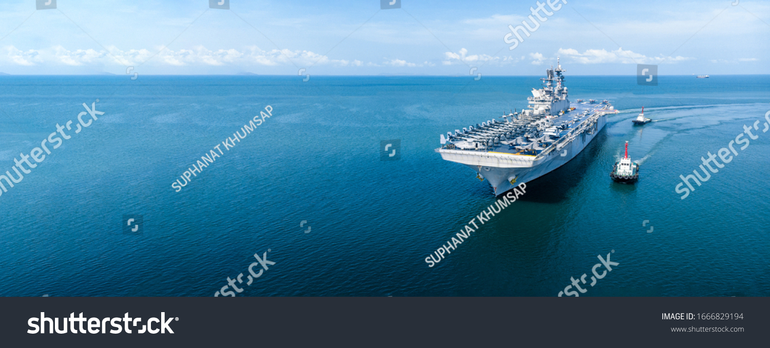 Nuclear ship, Military navy ship carrier full loading fighter jet aircraft and helicopter patrol. #1666829194
