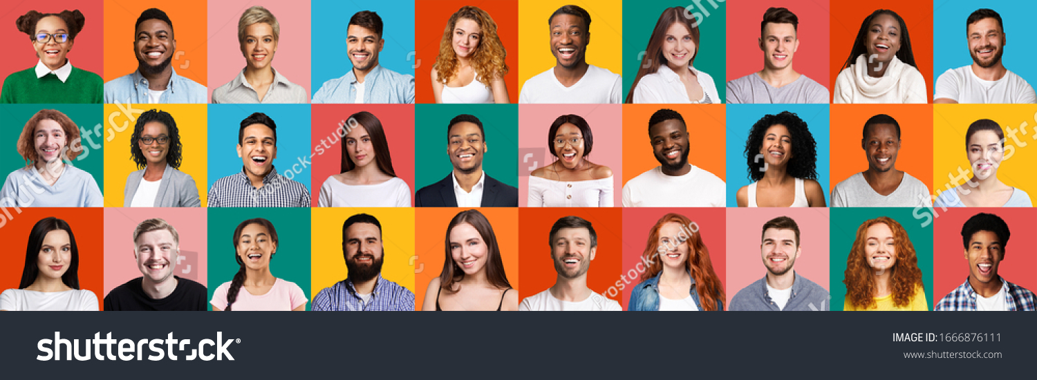 Happy Millennials Portrait Collage. Mosaic Of Smiling Faces Of Different Multiethnic People Posing On Bright Colorful Backgrounds. Panorama #1666876111