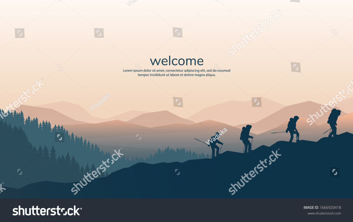 Vector background with tourists. Travel concept of discovering, exploring and observing nature. Hiking. Travelers climb with backpack and travel walking sticks. Website template. Flat landscape #1666920418