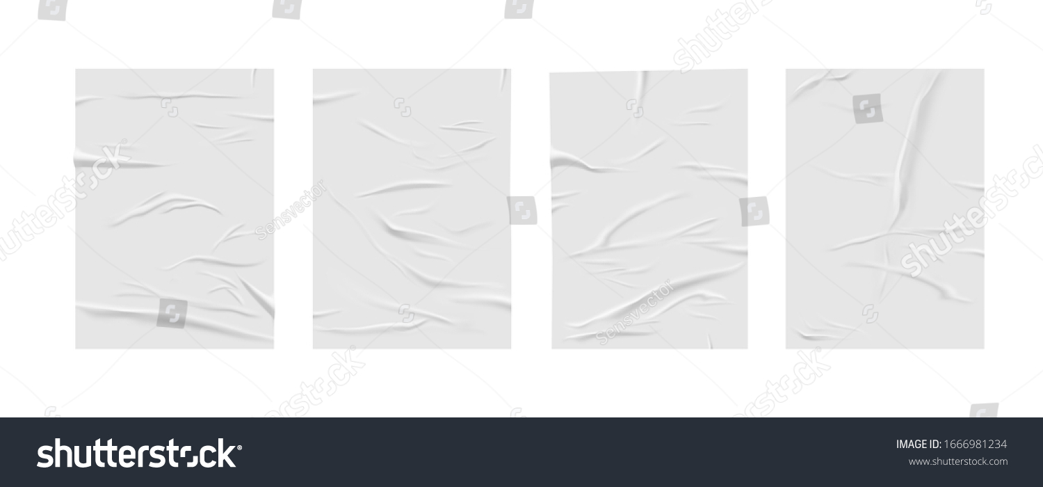 Glued paper wrinkled effect, realistic background. Badly wet glued paper or gray adhesive foil with crumpled and greased wrinkles texture, isolated blank templates set #1666981234