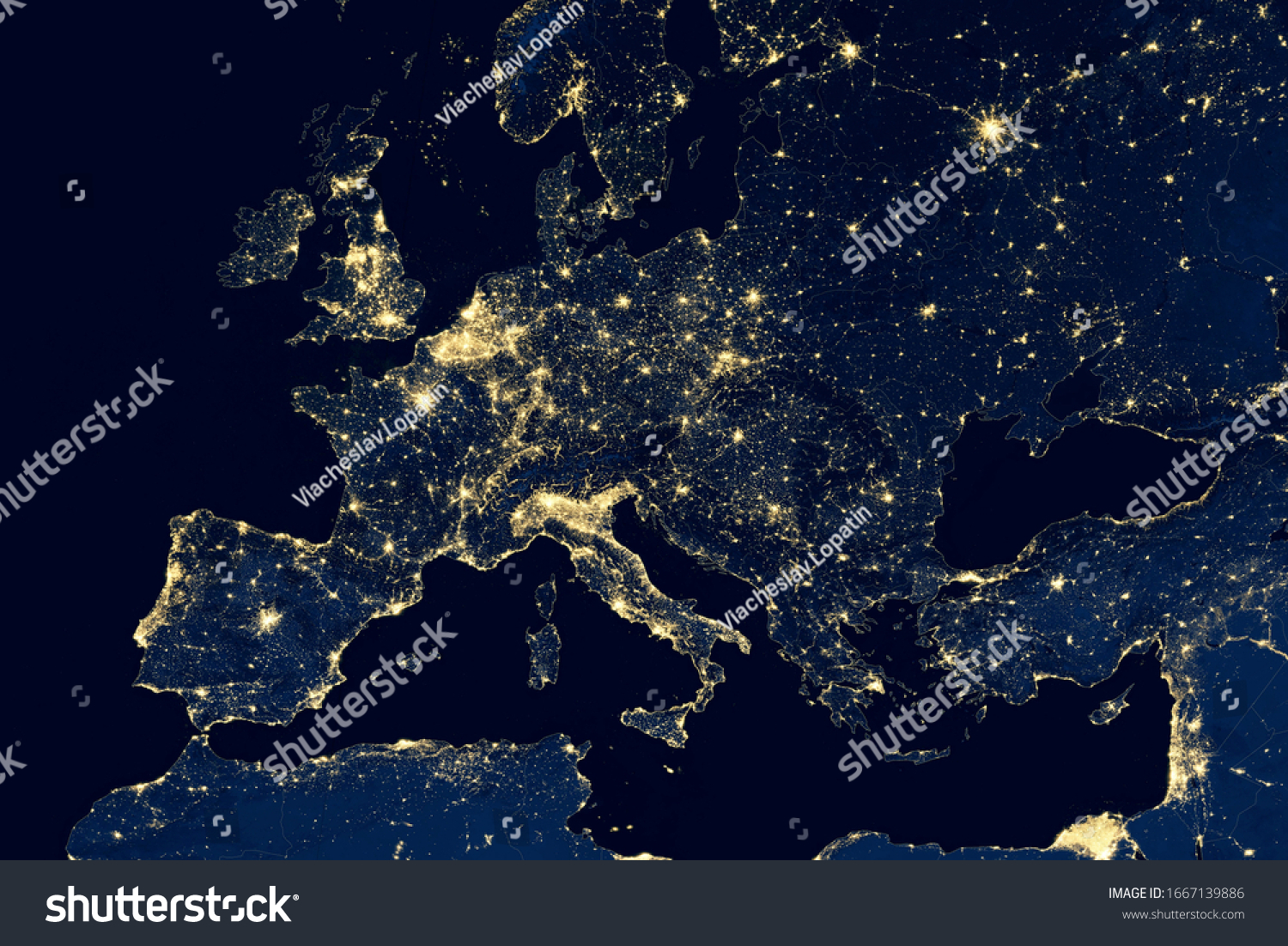 Europe map in global satellite picture, view of city lights on night Earth from space. EU, UK and Mediterranean, World part in orbit photo. Elements of this image furnished by NASA. #1667139886