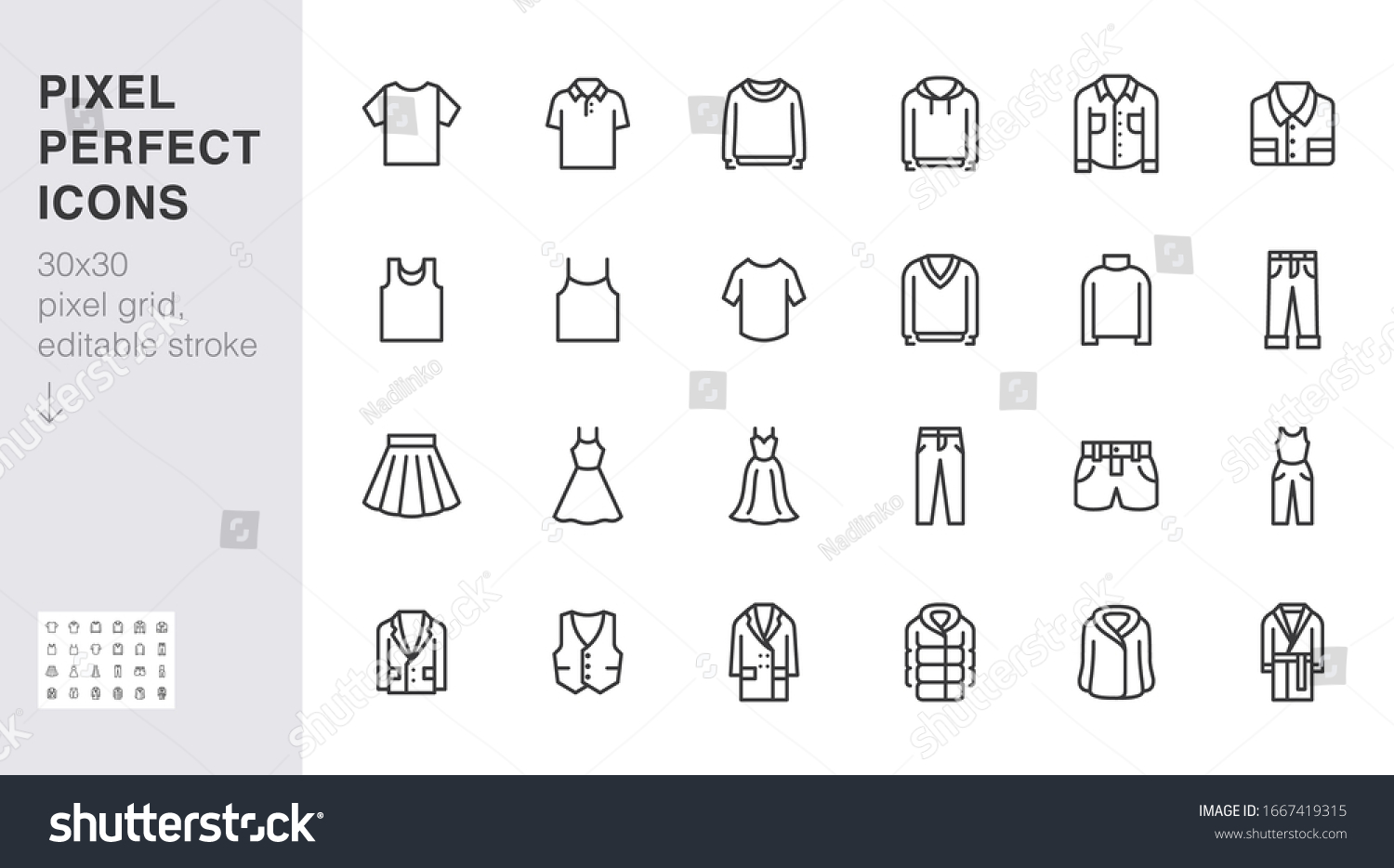 Clothing line icon set. Dress, polo t-shirt, jeans, winter coat, jacket pants, skirt minimal vector illustrations. Simple outline signs for fashion application. 30x30 Pixel Perfect. Editable Strokes. #1667419315
