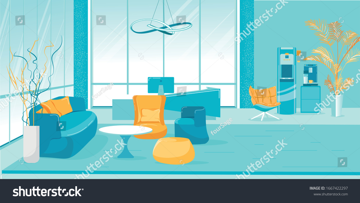 Boss Chief Office Interior in Modern Futuristic Style. Room with Furniture and Coffee Machine, Water Cooler Equipment. Desk with Computer, Chair for Header. Lounge Zone for Guests. Vector Illustration #1667422297