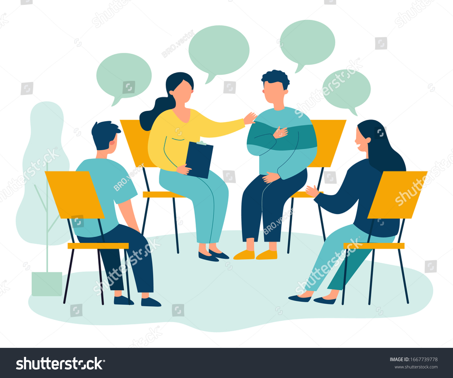 People suffering from problems, attending psychological support meeting. Patients sitting in circle, talking. Vector illustration for group therapy, counseling, psychology, help, conversation concept #1667739778