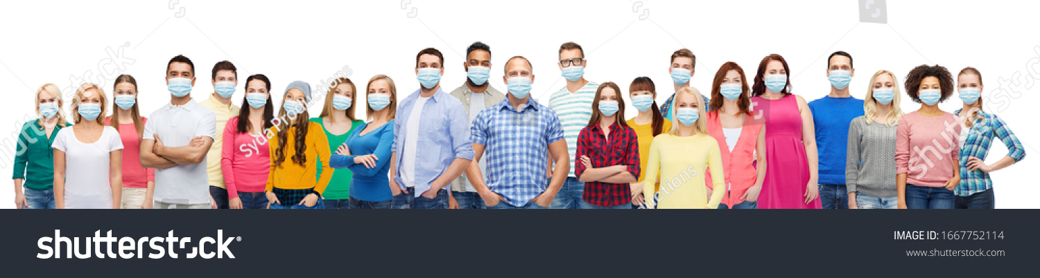 health, safety and pandemic concept - group of people wearing protective medical masks for protection from virus #1667752114