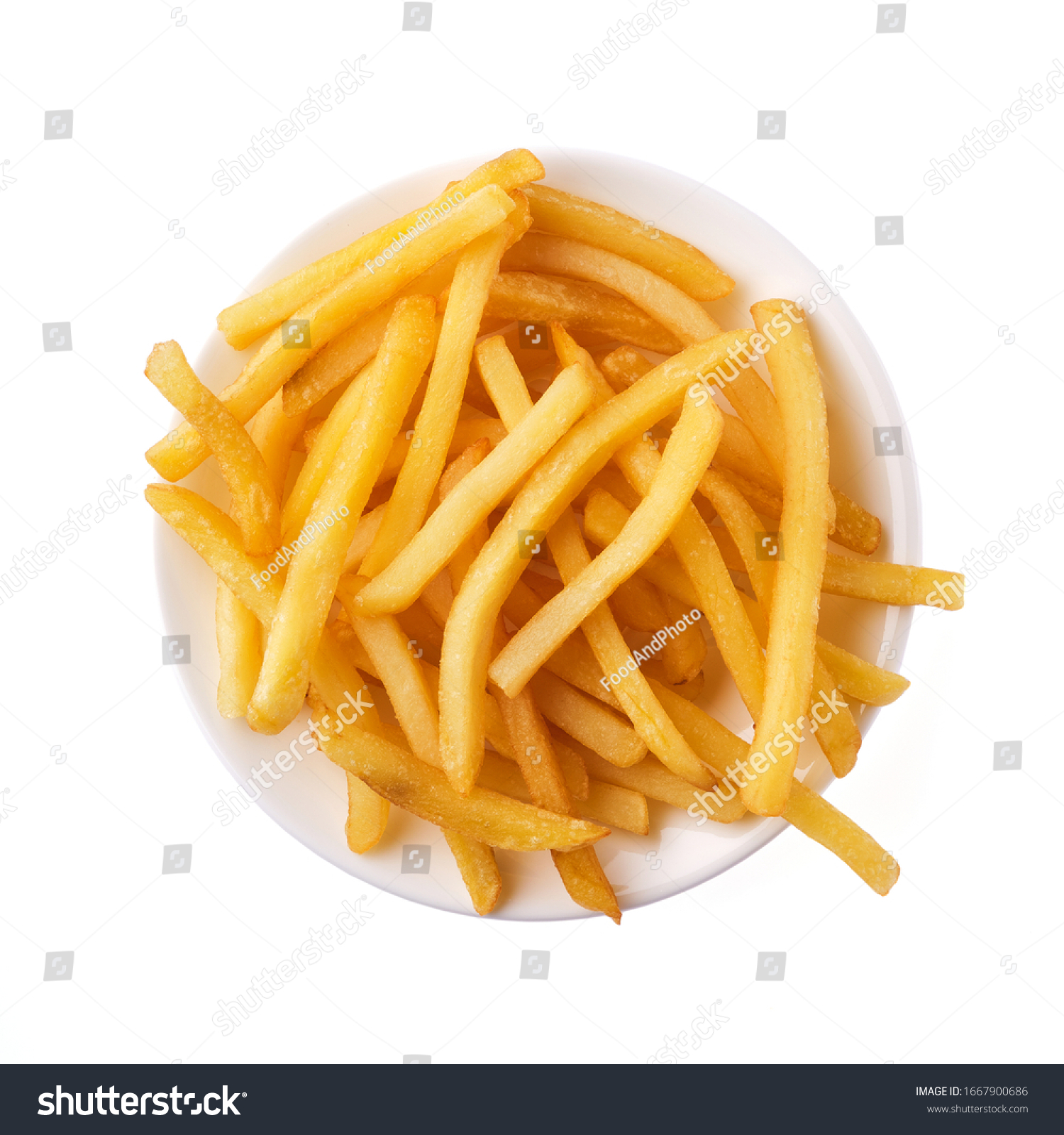 French fries in a plate isolated on white background, top view. #1667900686