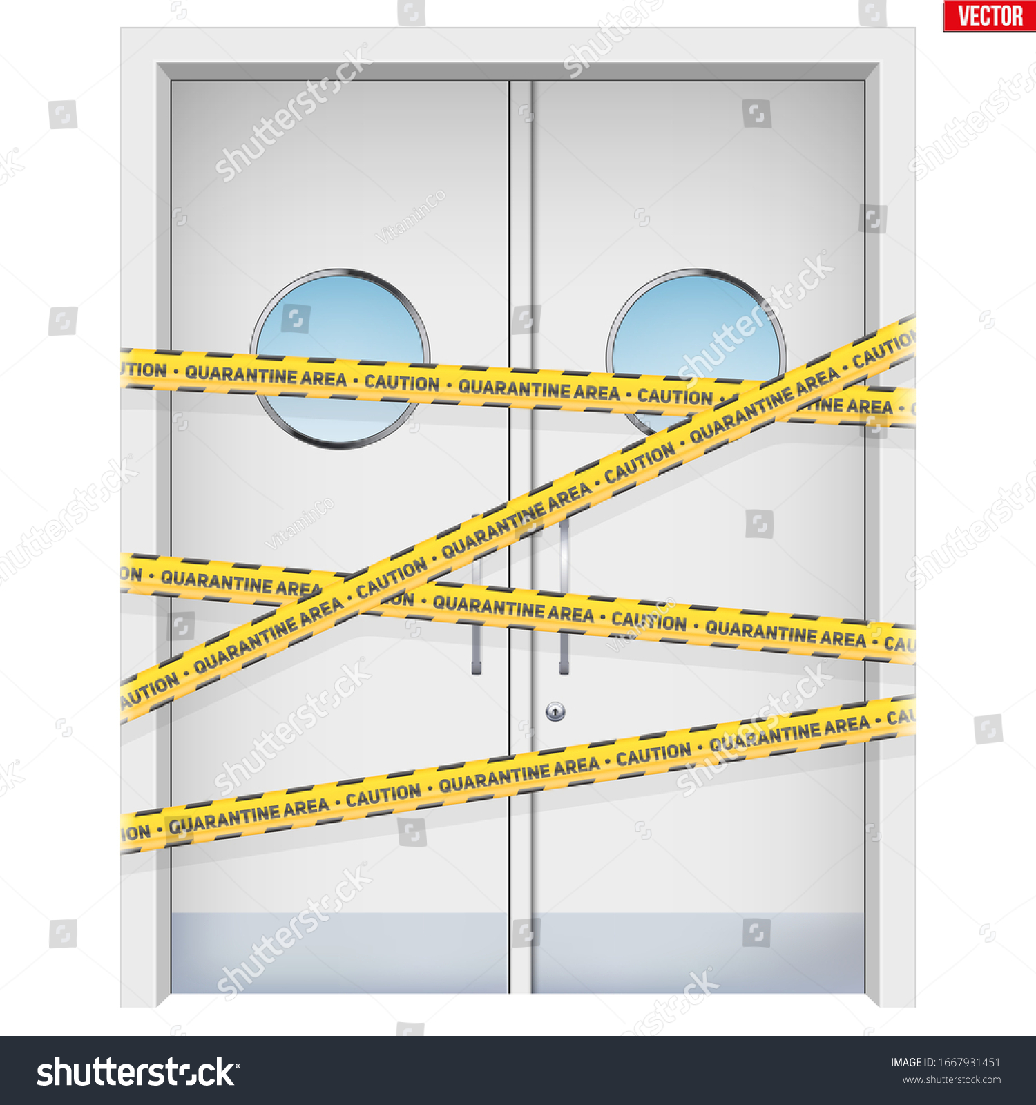 Hospital doors with warning yellow tapes. Royalty Free Stock Vector