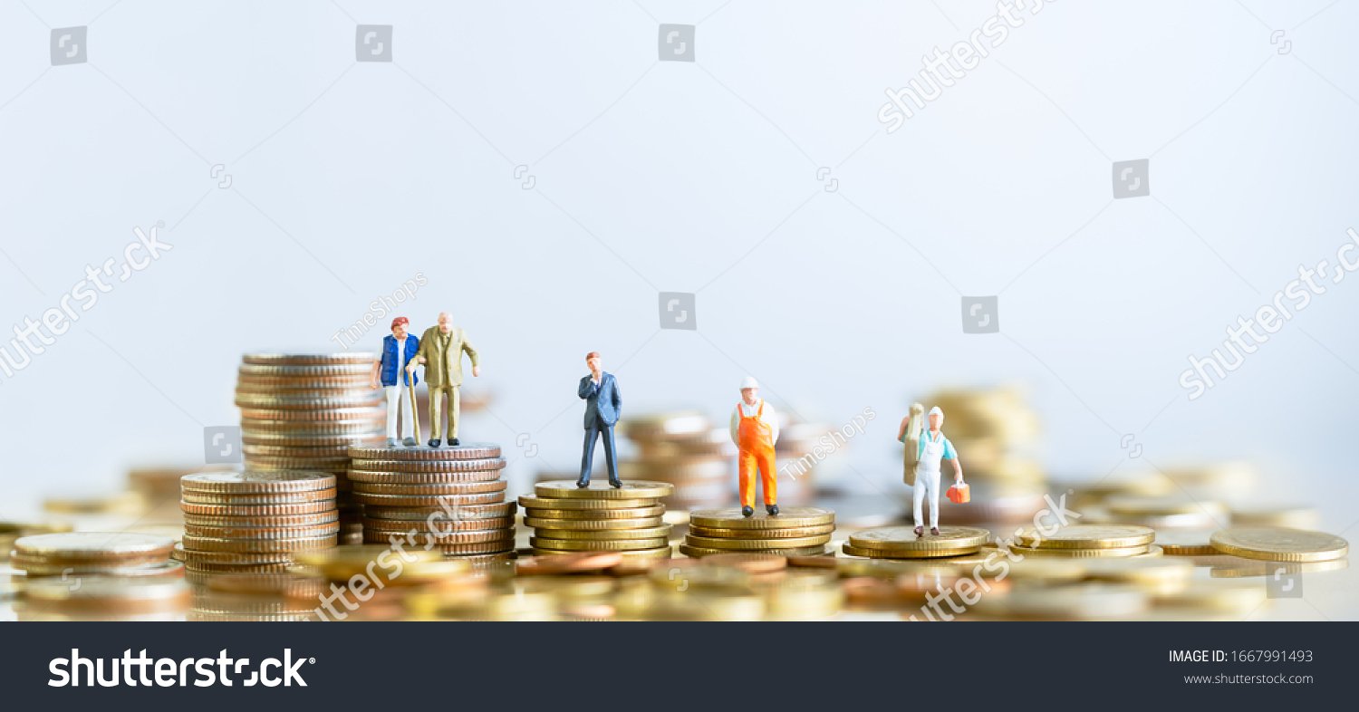 Miniature people standing on stack of coins. Inequality and social class. Income and economic inequality concept. Inequality in social class, ideology, Gender, Racial and ethnic and health. #1667991493