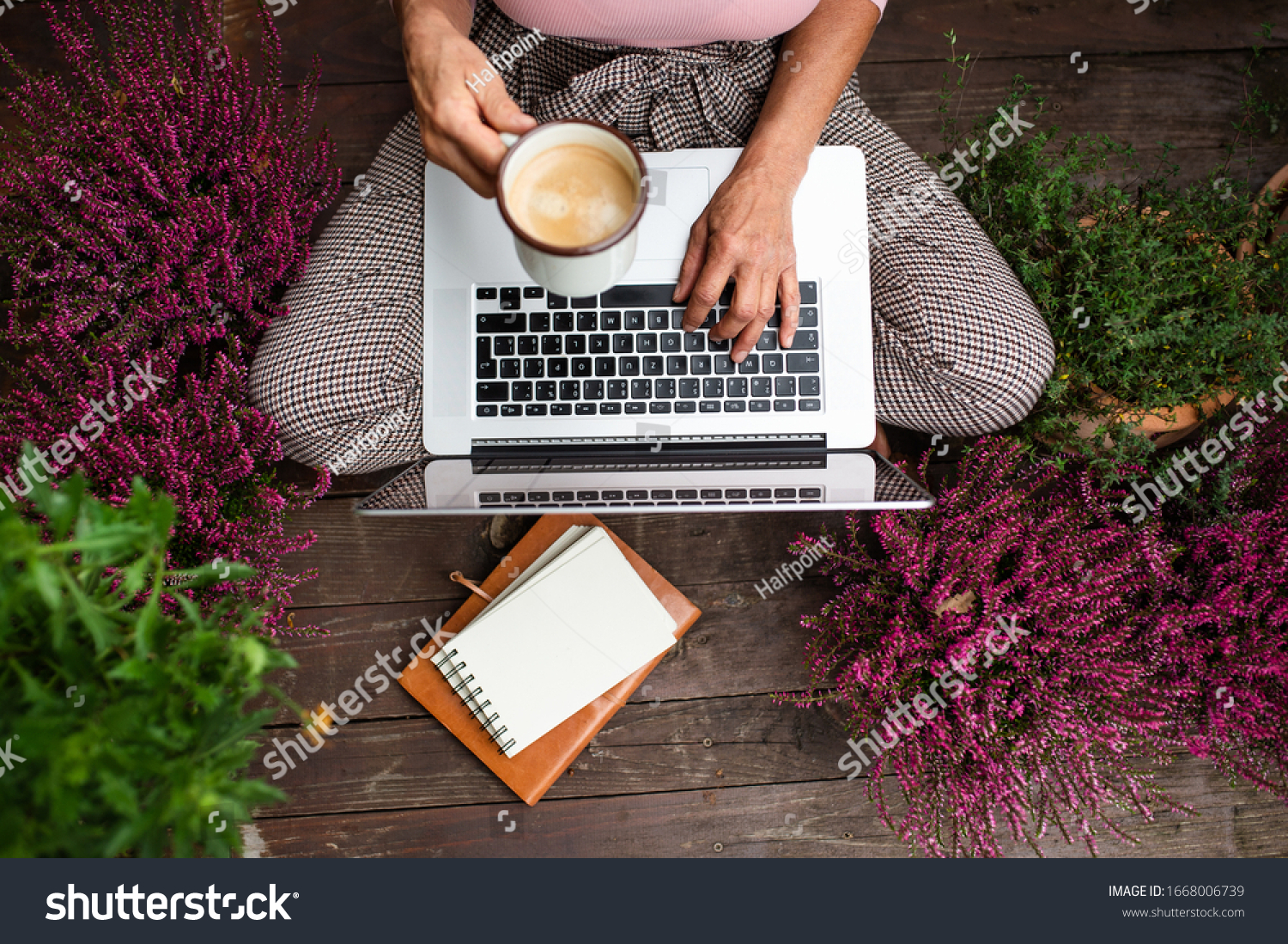 Top view of senior woman with laptop sitting outdoors on terrace, working. #1668006739
