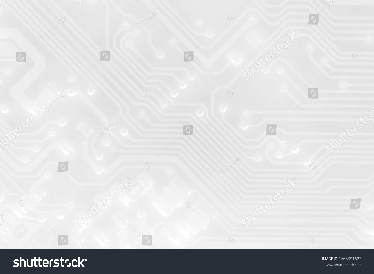 White texture background of printed circuit board. Computer technology background. Information tech. Space for text. Gray scale pcb background. #1668391627