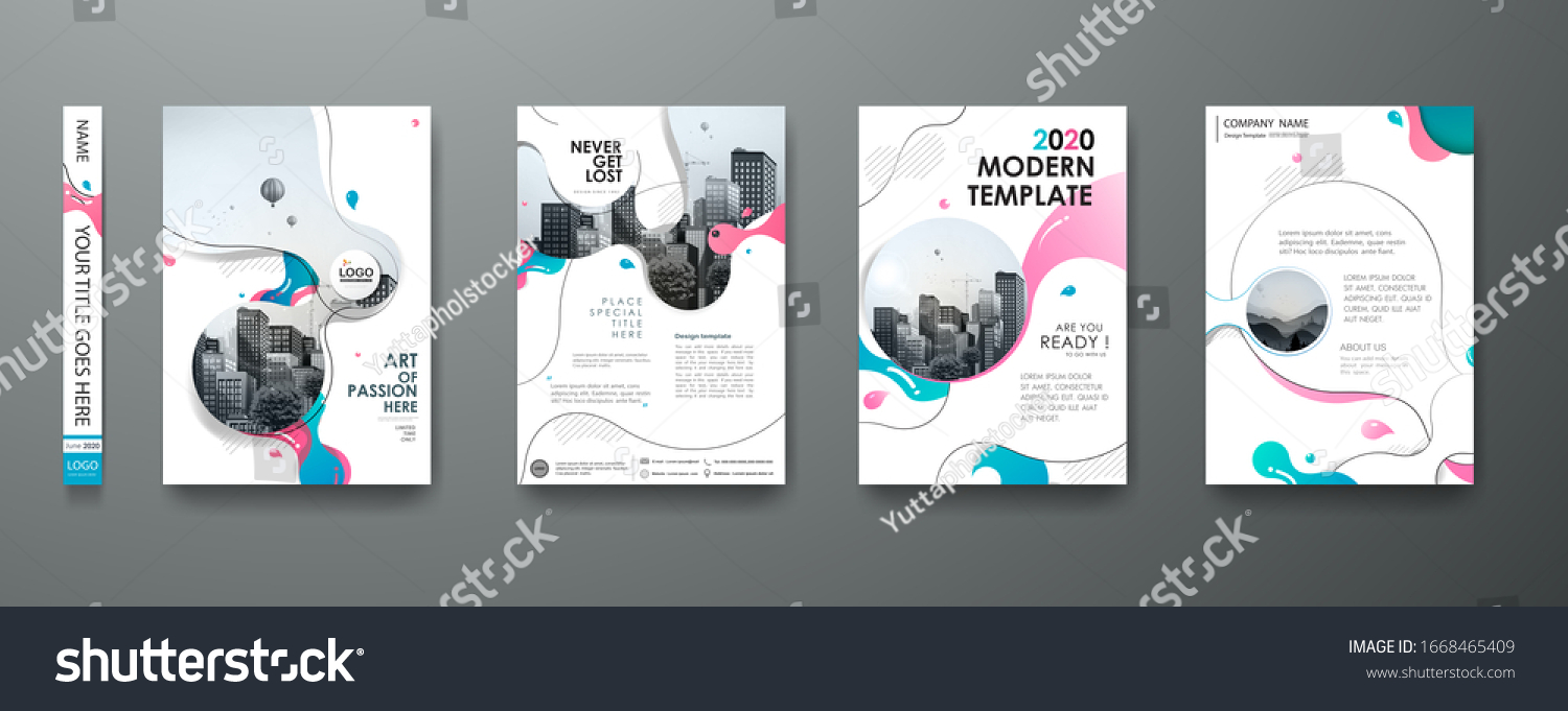 Portfolio geometric design vector set. Abstract blue liquid graphic gradient circle shape on cover book presentation. Minimal brochure layout and modern report business flyers poster template. #1668465409