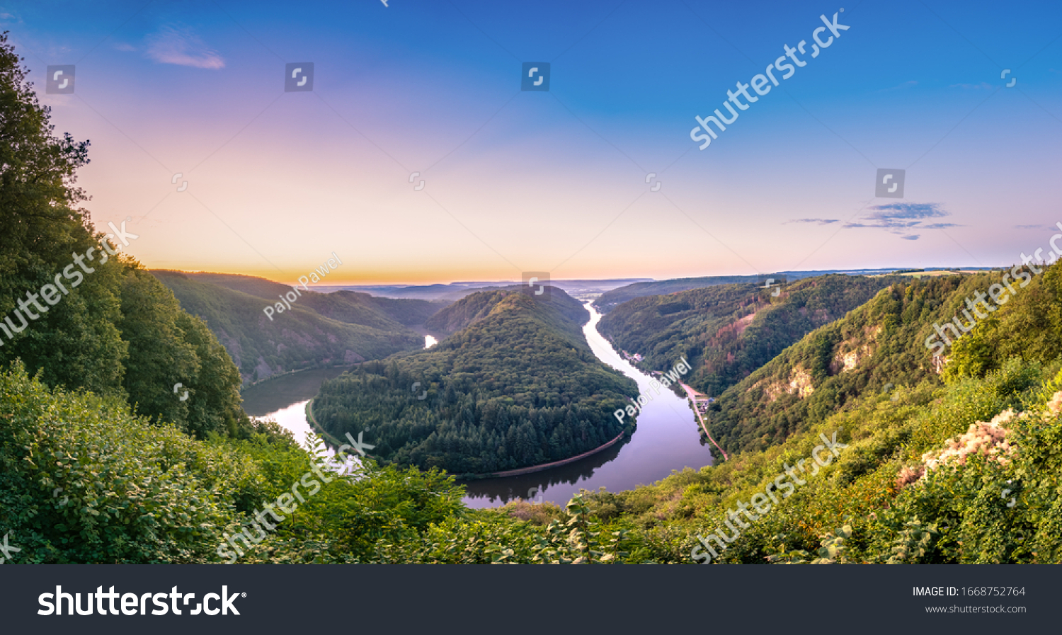 Sunset view of Saar river valley near Mettlach. South. Germany  #1668752764