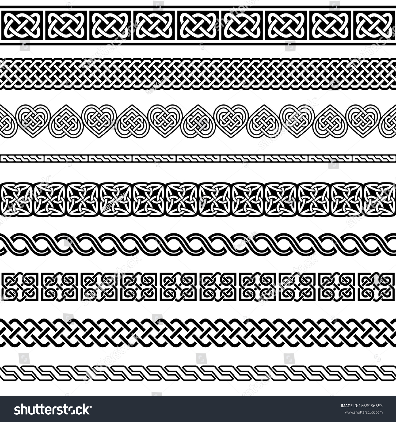 Irish Celtic vector seamless vector pattern set, border and frame collection, braided ornaments for greeting cards, St Patrick's Day celebration. 
Retro Celtic collection of braided ornaments in black #1668986653