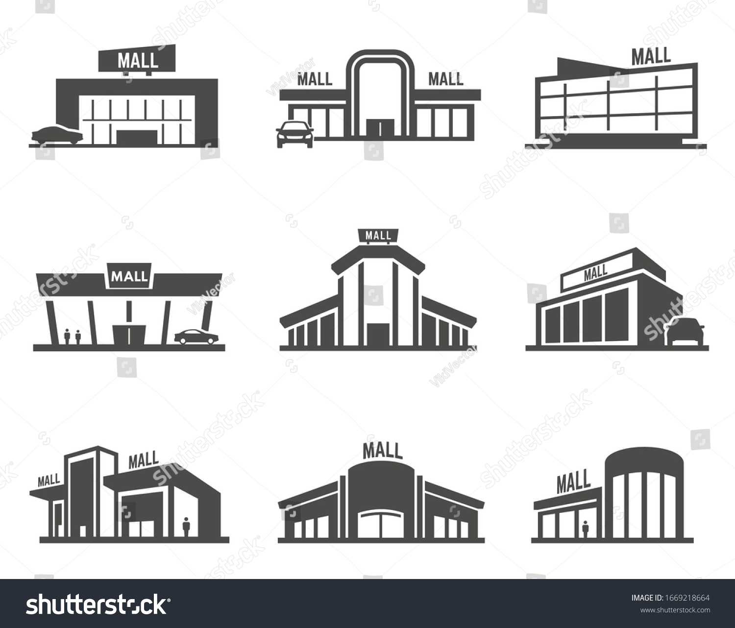 Shopping mall or center icon or symbol set. Collection of facades of modern stores. Bundle of black silhouettes of supermarket buildings. Flat monochrome vector illustration for logo, sign or emblem. #1669218664