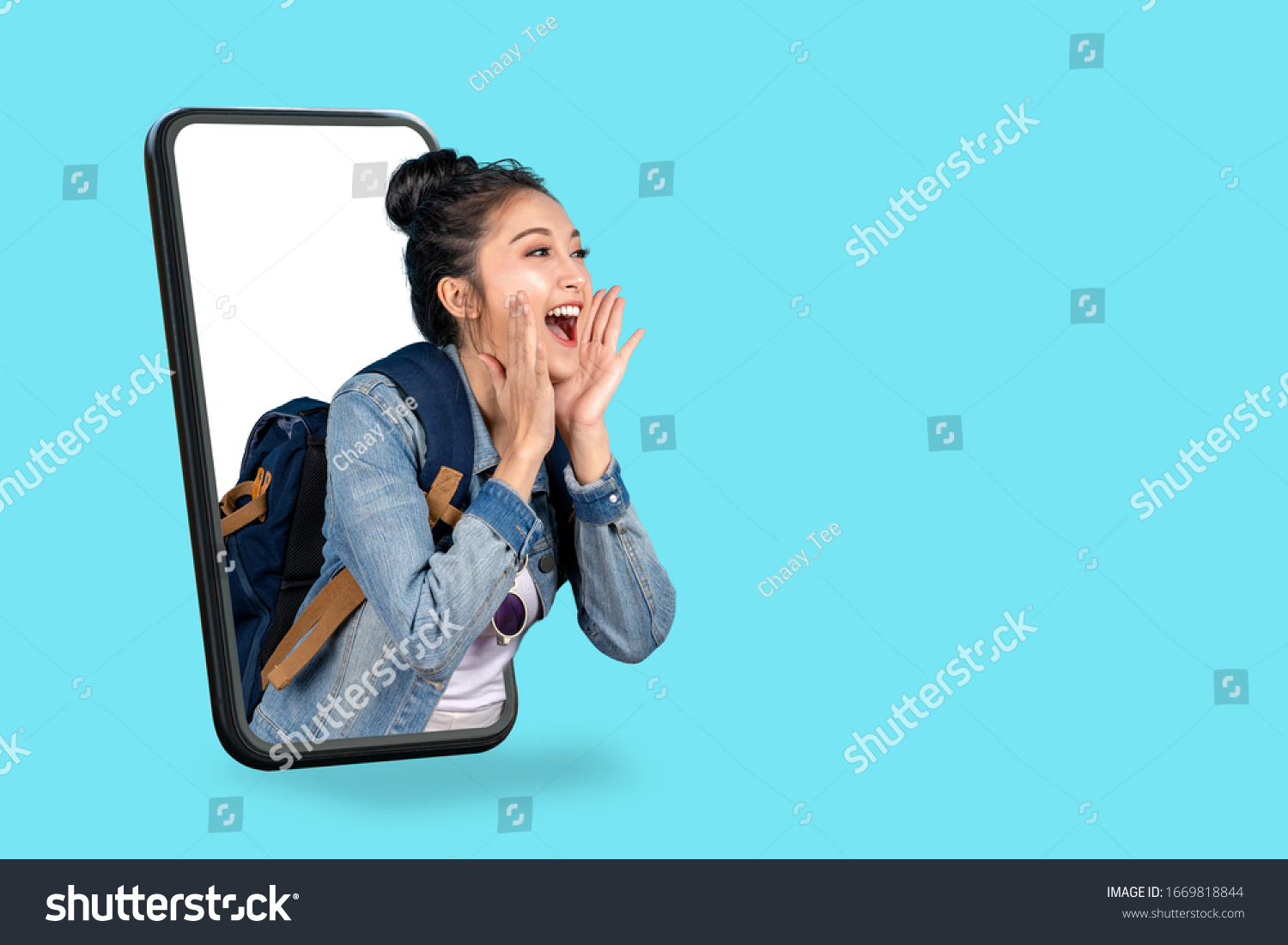 Smartphone pop up for advertising.Asian woman travel backpacker shouting open mouth through from screen mobile.Girl looking to aside copy space for present promotions.Digital marketing online cencept. #1669818844