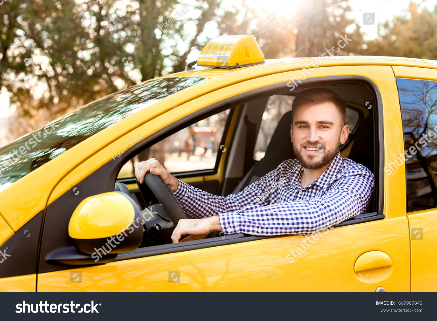 Portrait of handsome driver in taxi car #1669909045
