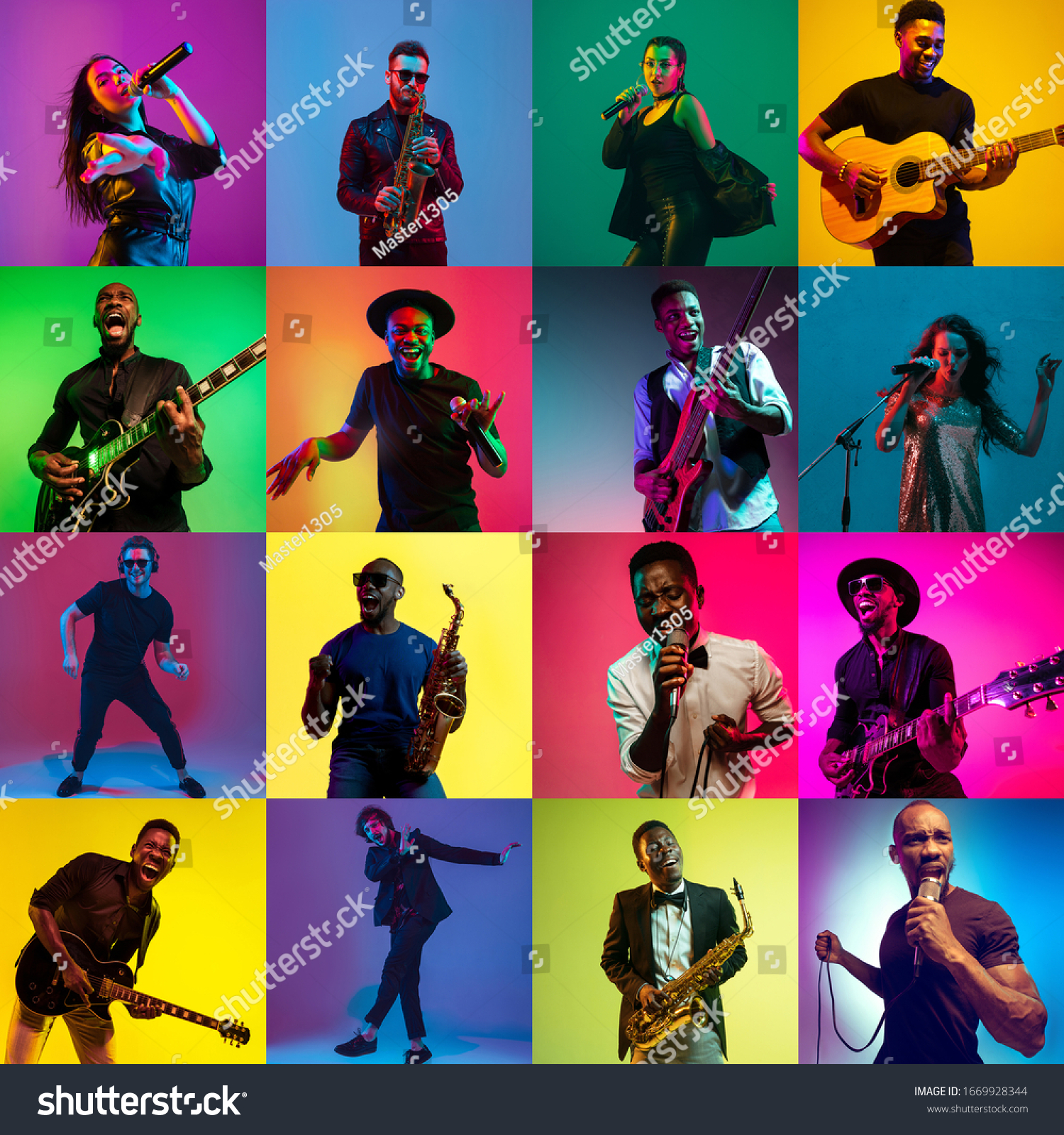 Collage of portraits of young 11 emotional talented musicians on multicolored background in neon light. Concept of human emotions, facial expression, sales. Playing guitar, saxophone, singing, dancing #1669928344