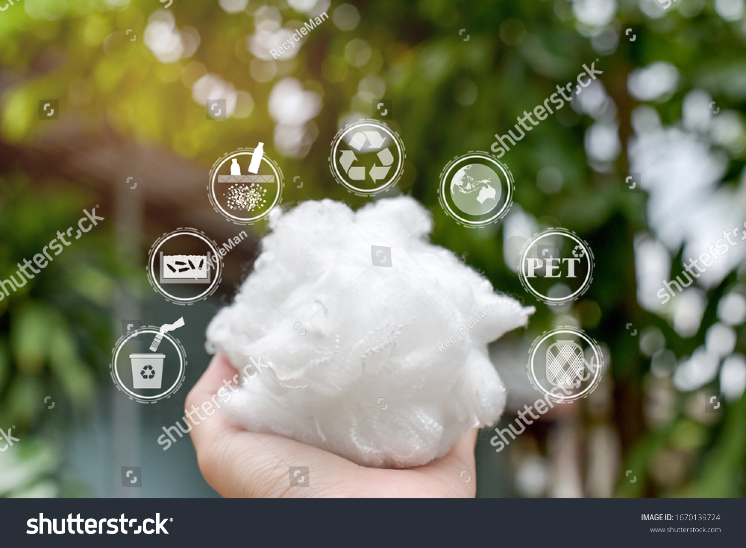 Hand holding Polyester stable fiber with green background,recycle icon,picking up and wash Plastic Bottle,Protect the earth icon,PET icon and Yarn icon.Chemical concept #1670139724