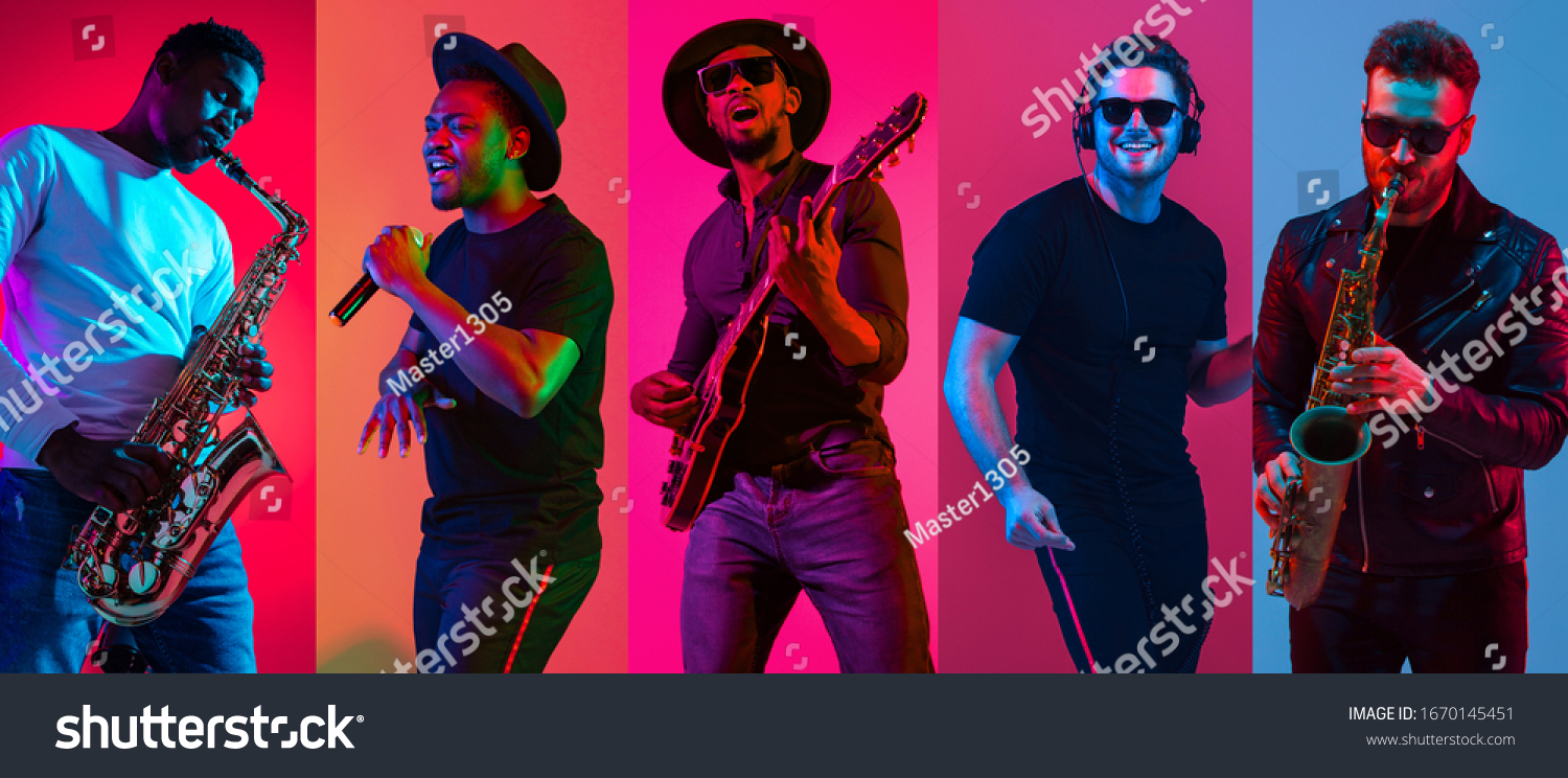 Collage of portraits of young emotional talented musicians on multicolored background in neon light. Concept of human emotions, facial expression, sales. Playing guitar, saxophone, singing, dancing. #1670145451