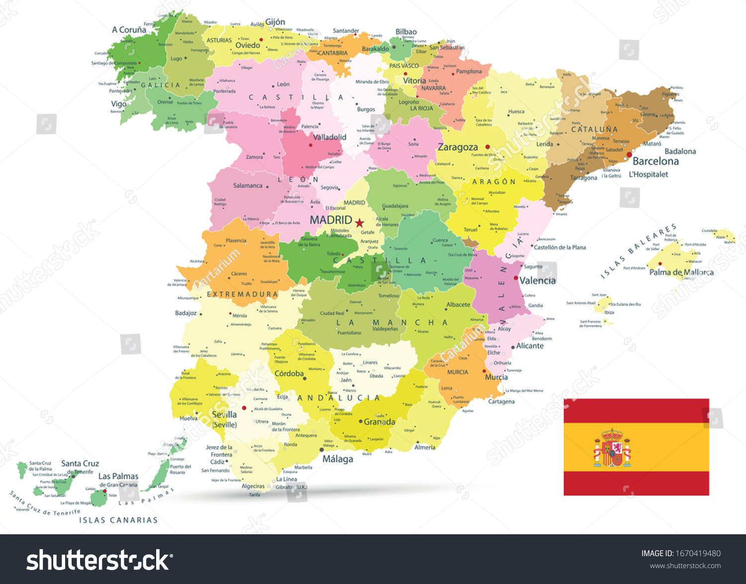 Administrative Political Map of Spain Isolated On White. All elements are separated in editable layers clearly labeled. Vector illustration. #1670419480
