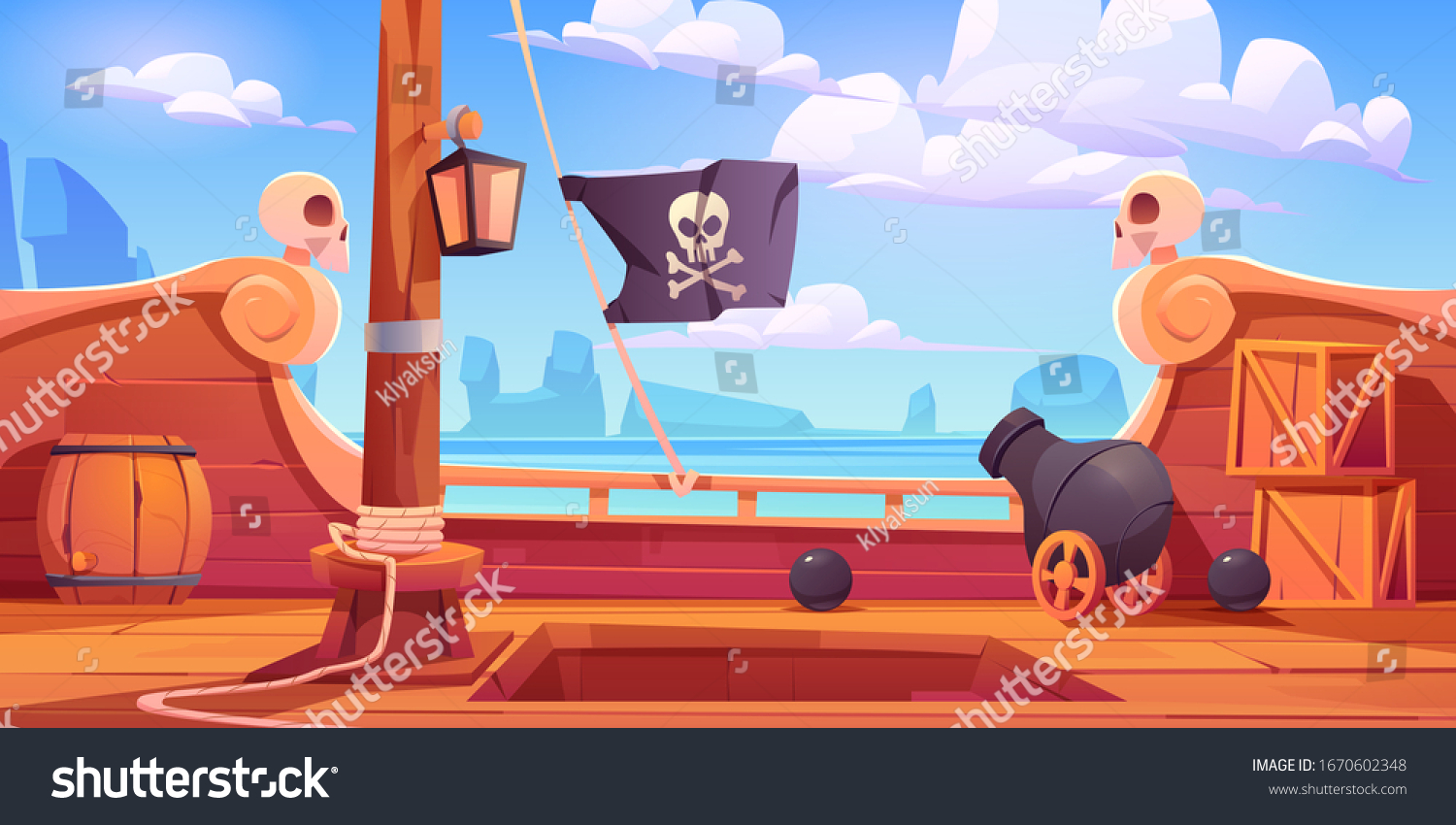Pirate ship wooden deck onboard view, boat with cannon, wood boxes and barrel, hold entrance, mast with ropes, lantern and skull buccaneer flag on rocky seascape background cartoon vector illustration #1670602348