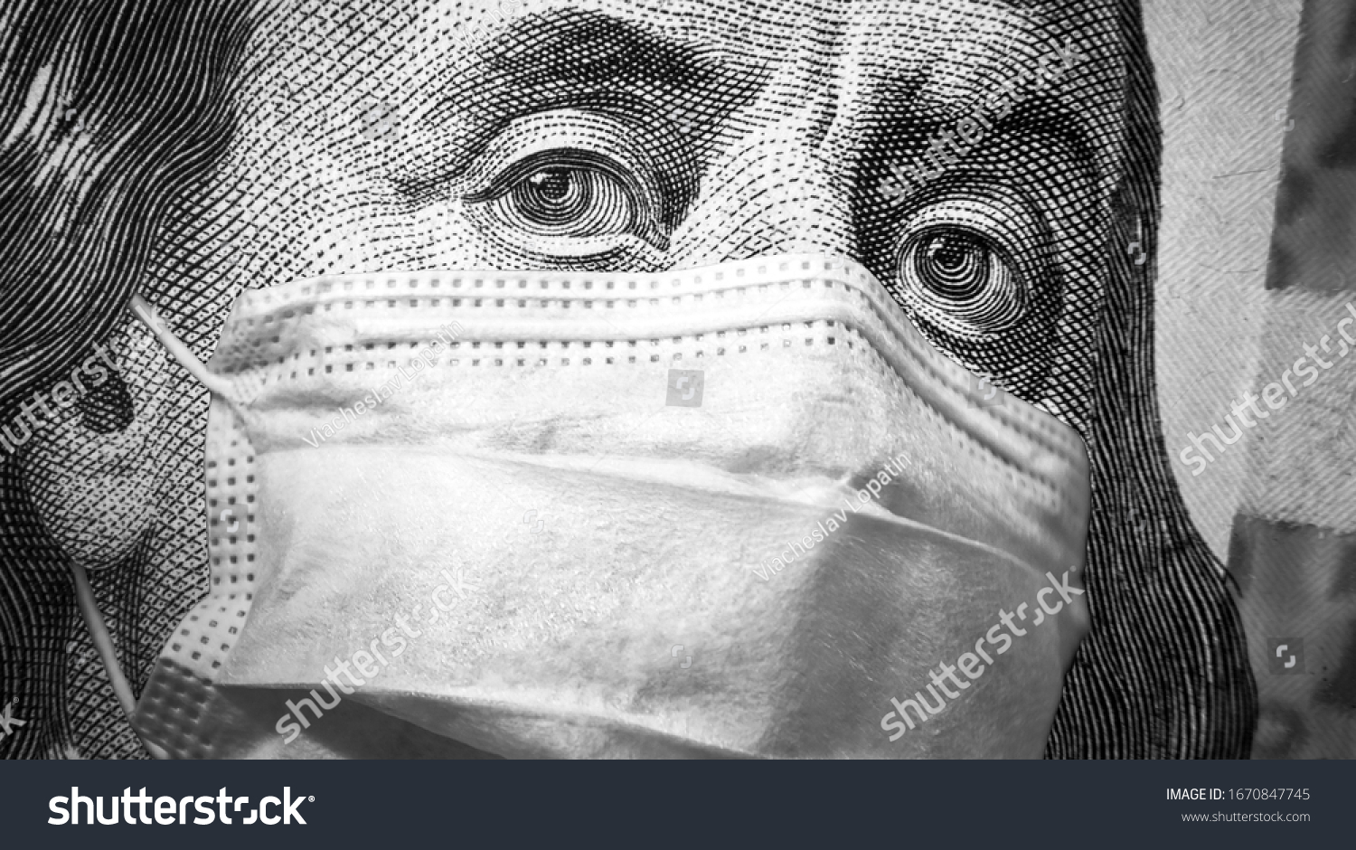 COVID-19, economy and crisis concept, US president Franklin's eyes and face mask on 100 dollar money bill. Corona virus affects global stock market. World finance hit by coronavirus pandemic fears. #1670847745