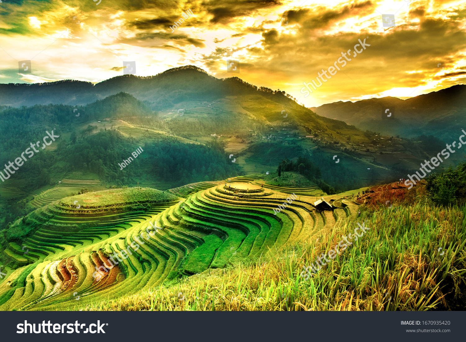 Rice fields on terraced of Mu Cang Chai, YenBai, Vietnam. Vietnam landscapes. #1670935420