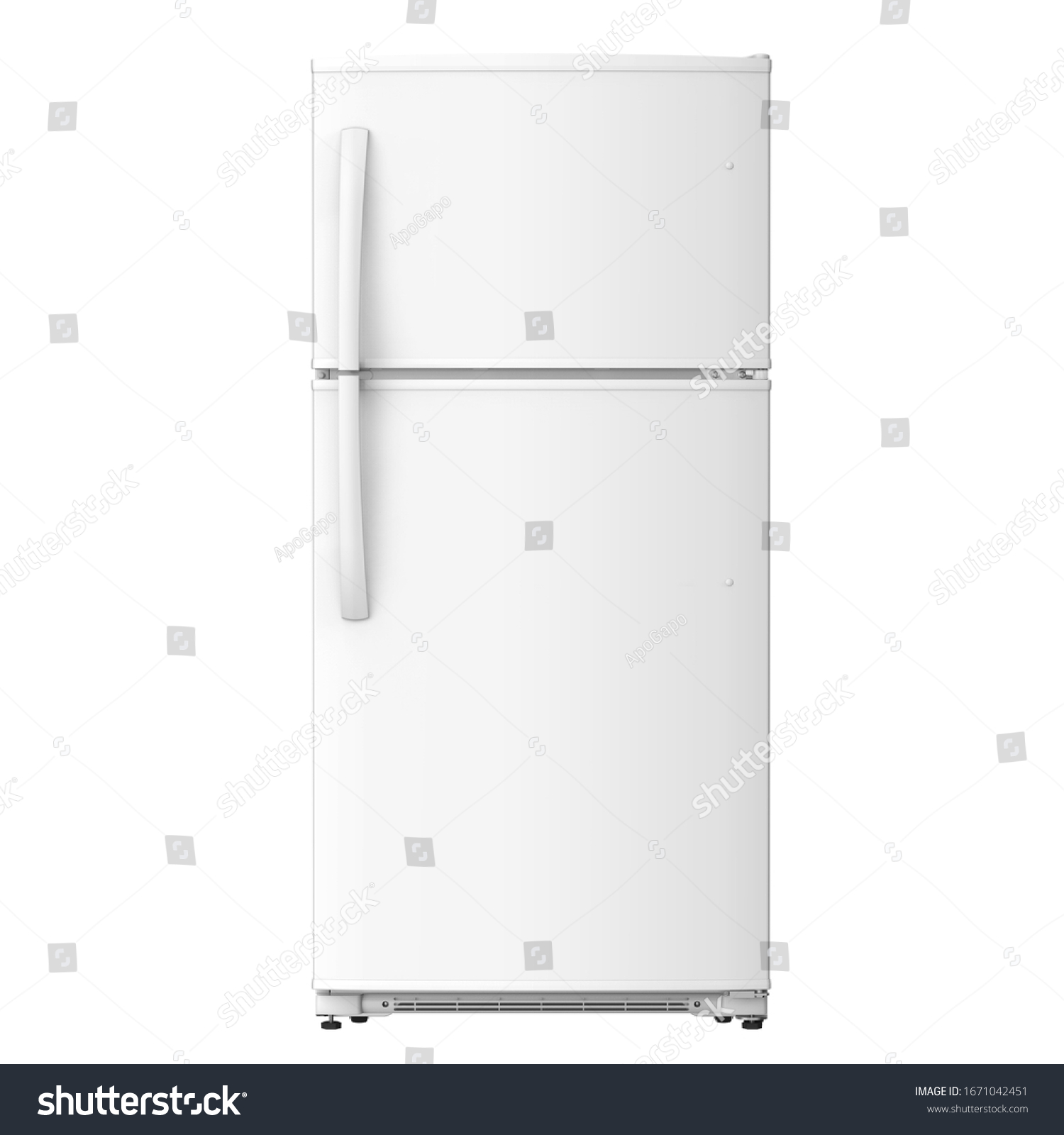 White Refrigerator Isolated on White Background. Modern Top Mount Fridge Freezer. Electric Kitchen and Domestic Major Appliances. Front View of Two Door Top-Freezer Fridge Freezer #1671042451