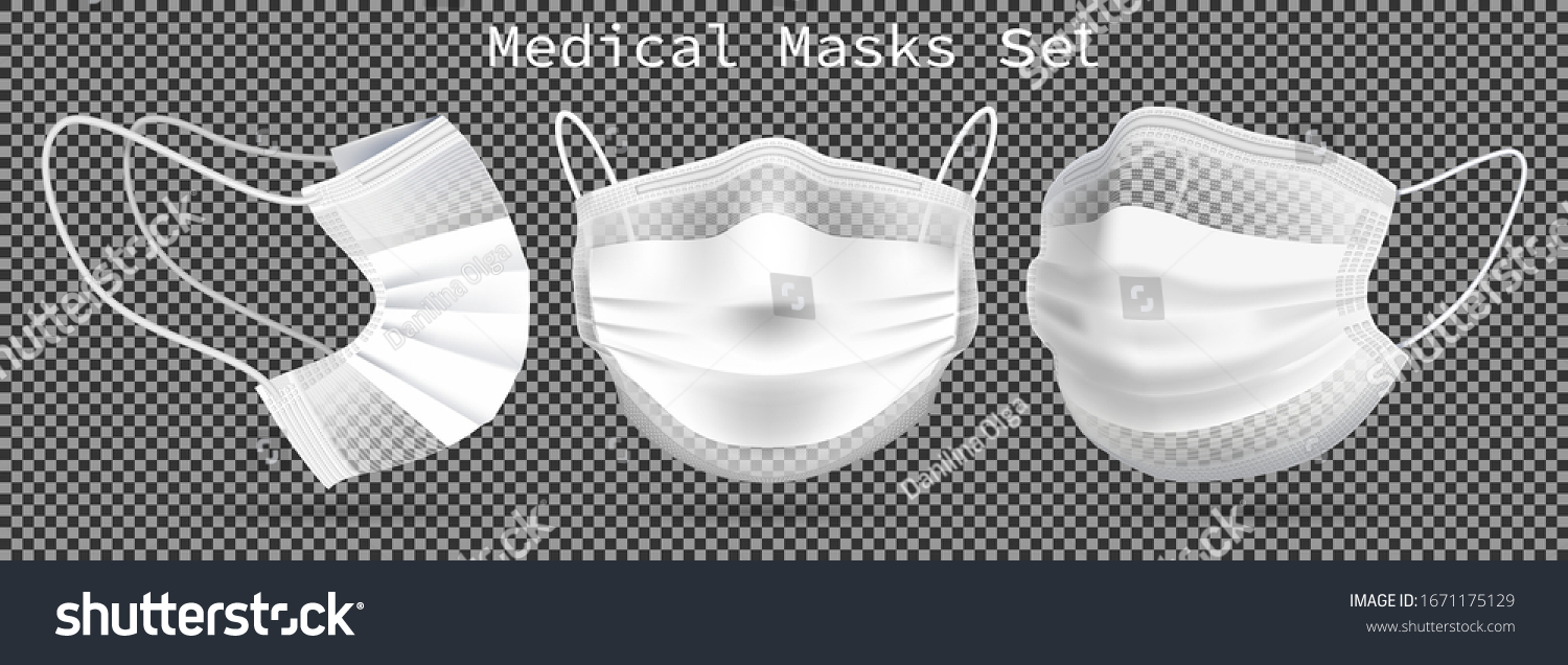 Set of medical masks - template. From different angles To protect coronavirus, infection and contaminated air. 3D realistic illustration. Isolated on transparent background. Vector. #1671175129