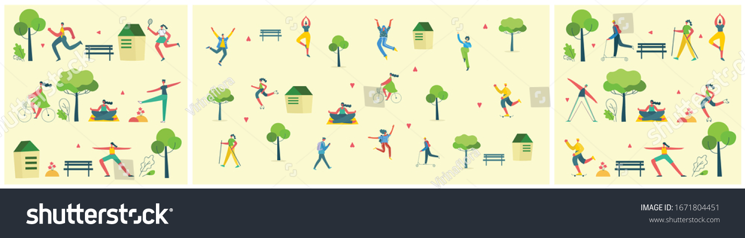 Vector illustration background in flat design of group people doing different activities outdoor in the park on weekend #1671804451