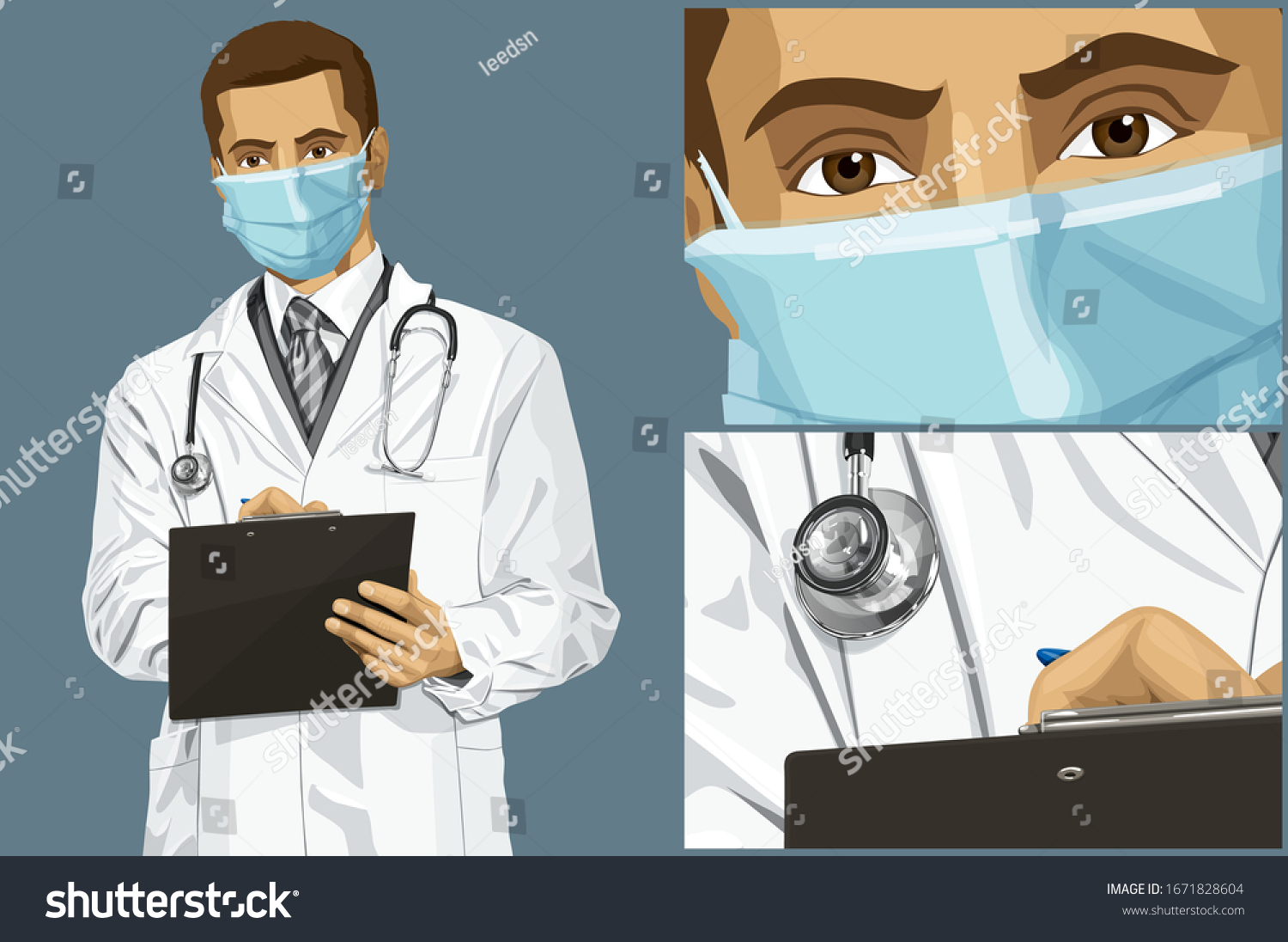 Coronavirus vector concept. Man with mask on his face. Vector doctor man writing something with marker on clipboard #1671828604