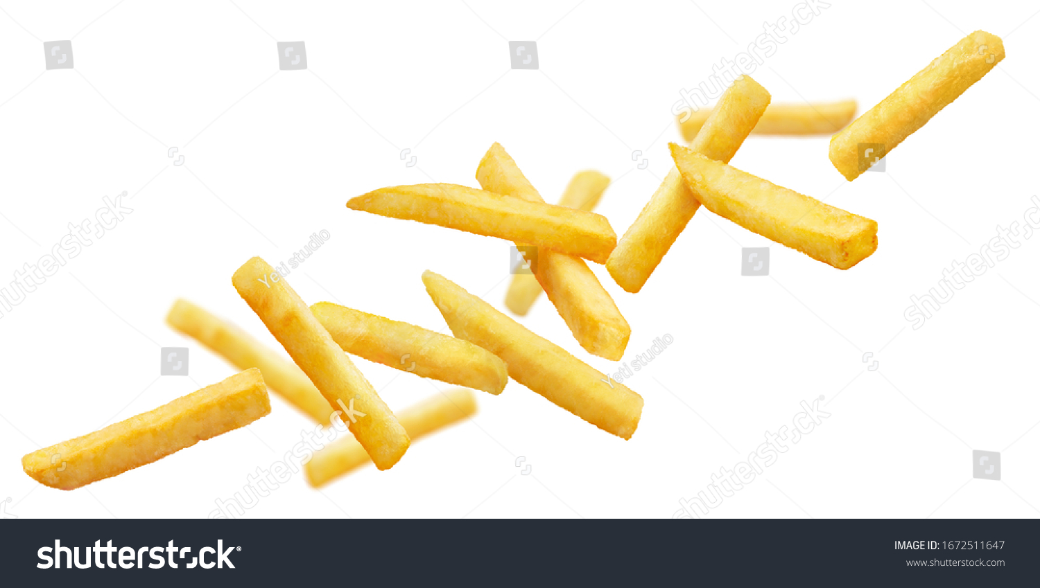 Flying potato fries, isolated on white background #1672511647