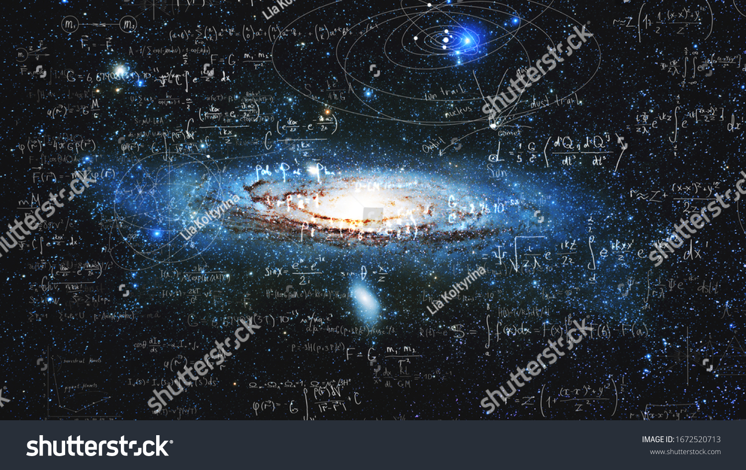 Science and research of the universe, spiral galaxy and physical formulas, concept of knowledge and education. Elements of this image furnished by NASA. #1672520713
