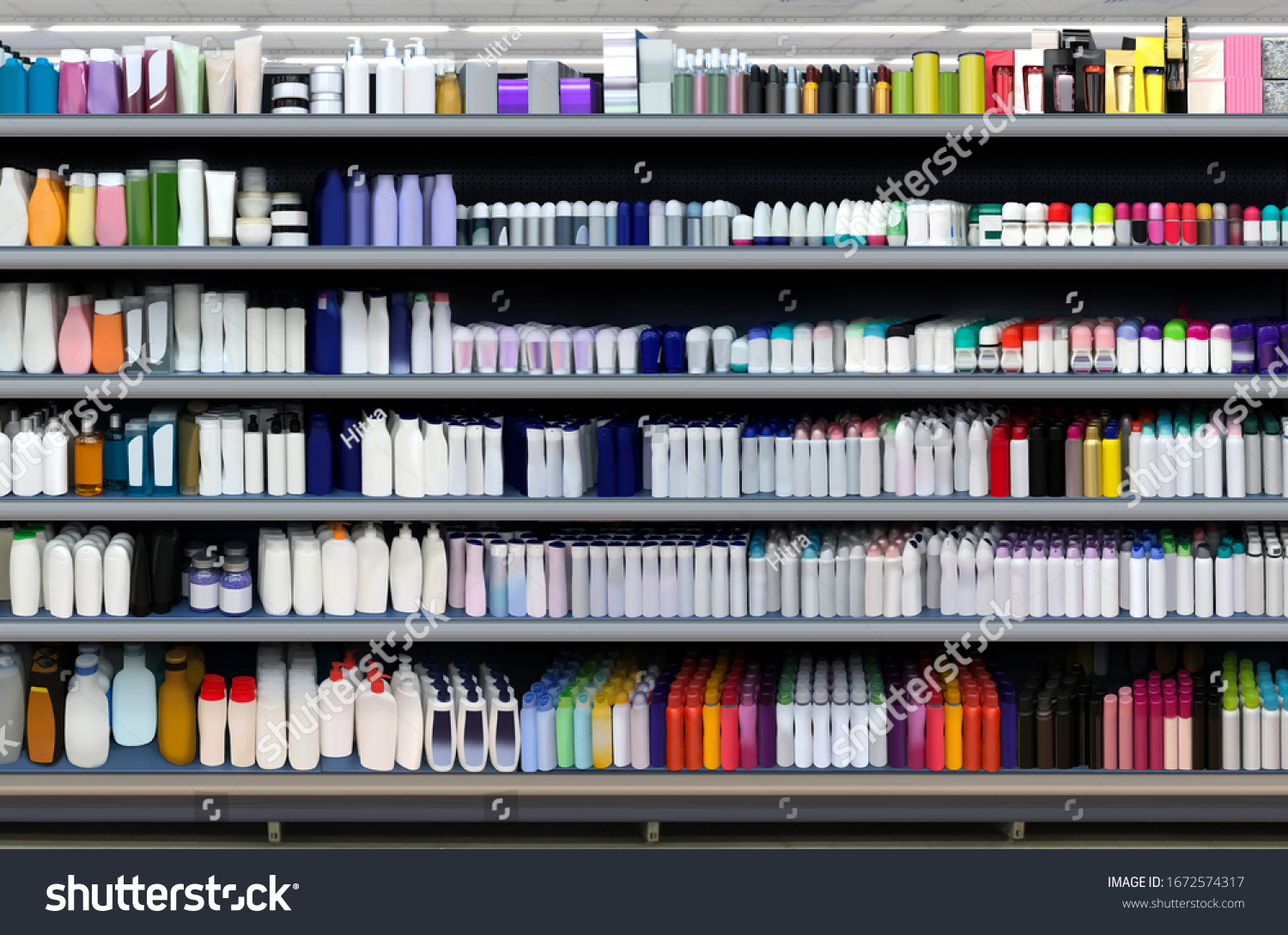 Deodorant, shampoo, disinfection kit, Skincare and Cosmetic bottles on shelf in supermarket. Suitable for presenting new products and new designs of labels among many others.  #1672574317