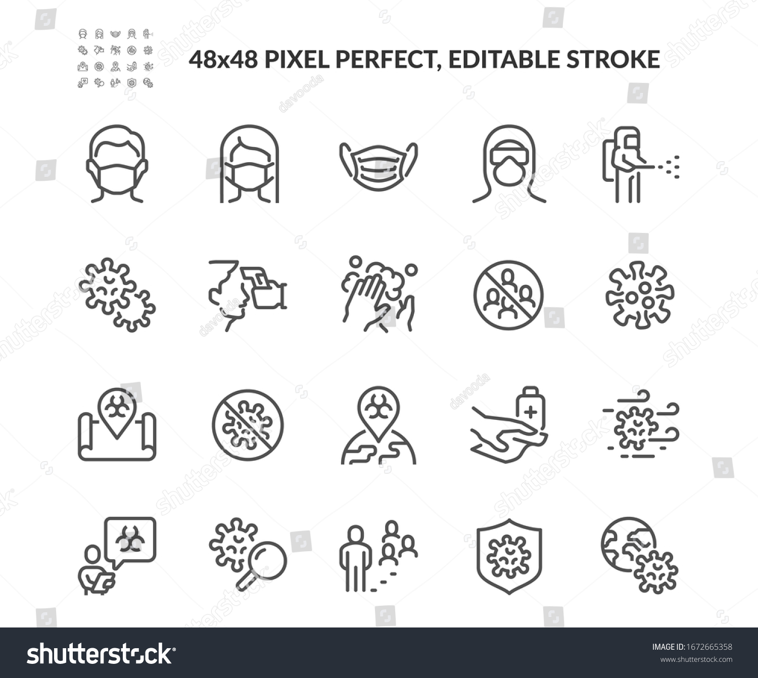 Simple Set of Coronavirus Safety Related Vector Line Icons. 
Contains such Icons as Washing Hands, Outbreak Map, Man and Woman Wearing Face Mask and more. Editable Stroke. 48x48 Pixel Perfect. #1672665358