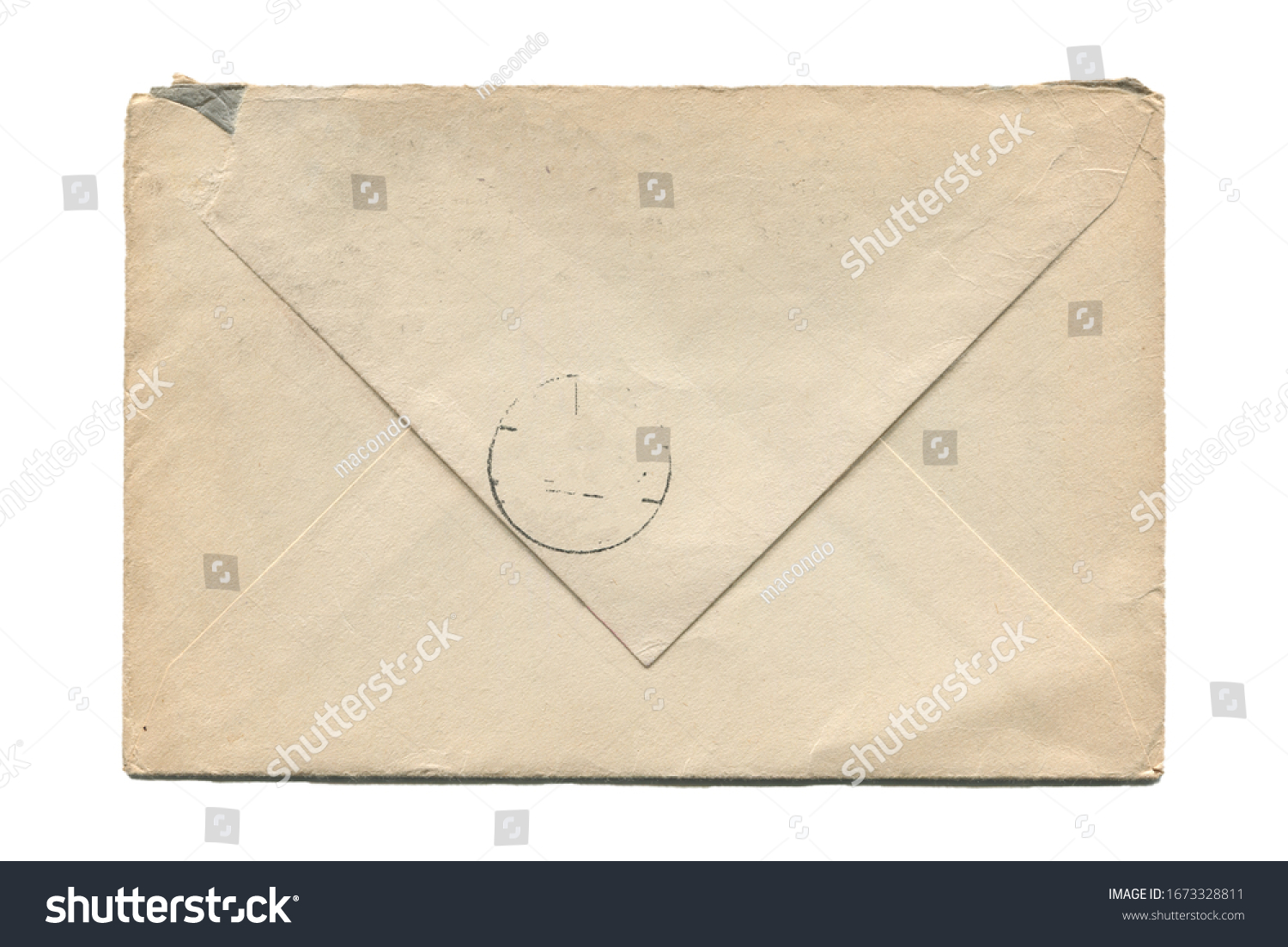 front view closeup of blank old aged closed letter paper envelope with torn edges and faded stamp print isolated on white background #1673328811